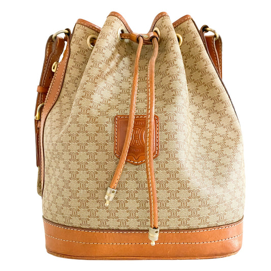 CELINE Macadam Triomphe Bucket Shoulder Bag, Coated Canvas in Neutral, Sold by HIVE PRELOVED - Bucket bags, Shoulder Bags,