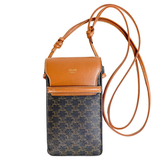 CELINE Phone Pouch with Flap In Triomphe Canvas And Lambskin Tan, in , Sold by HIVE PRELOVED - Mini bags, ,