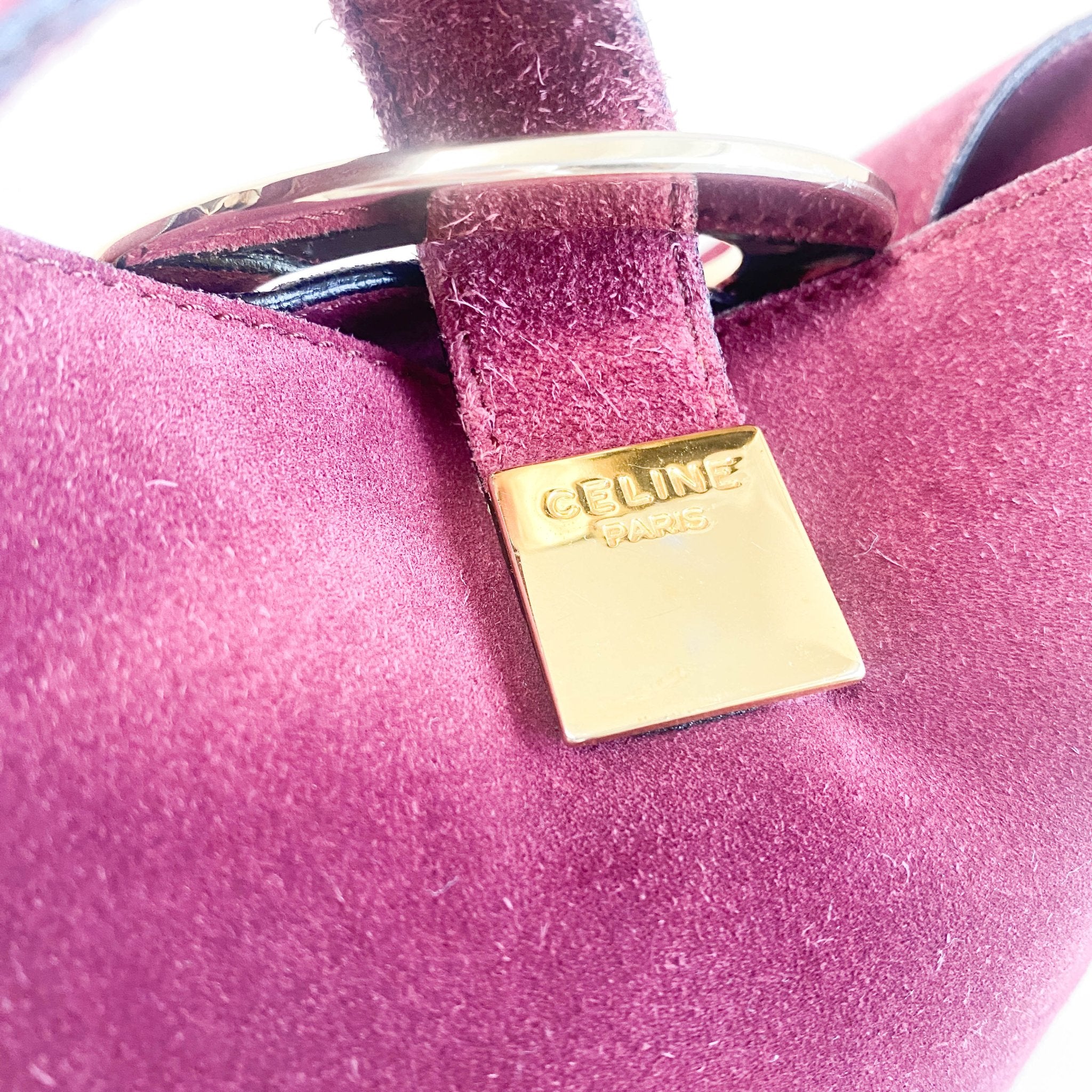 CELINE Purple Suede Gold Circle Hardware Shoulder Bag, in , Sold by HIVE PRELOVED - Shoulder Bags, ,