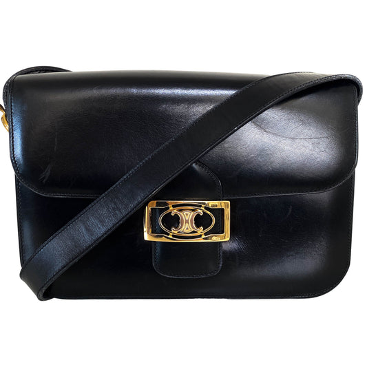 CELINE Triomphe Hardware Black Leather Flap Crossbody Shoulder Bag, in , Sold by HIVE PRELOVED - Crossbody bags, Shoulder Bag