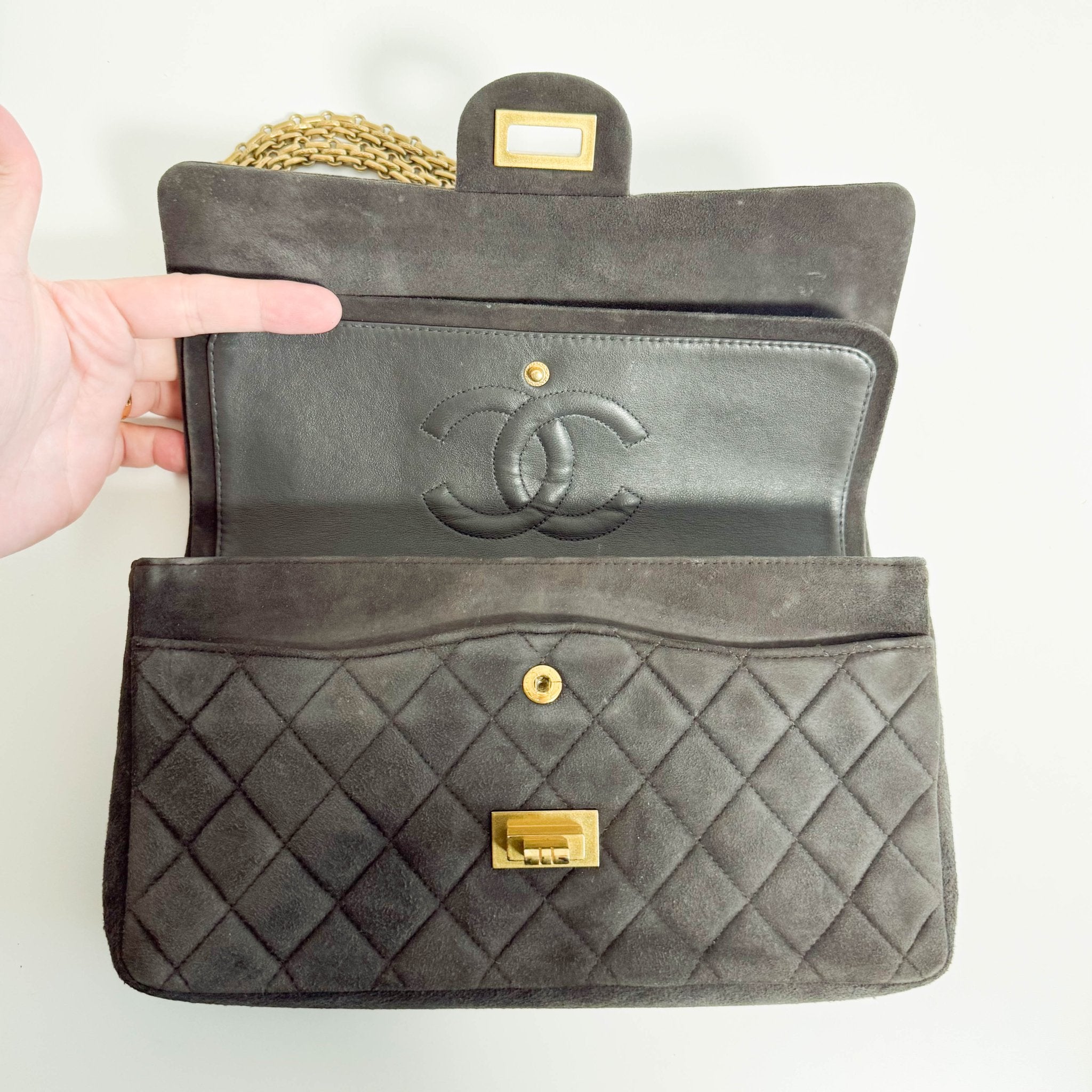 CHANEL 2.55 Double Flap Khaki Brown Suede Chain Shoulder Bag, in , Sold by HIVE PRELOVED - Shoulder Bags, ,