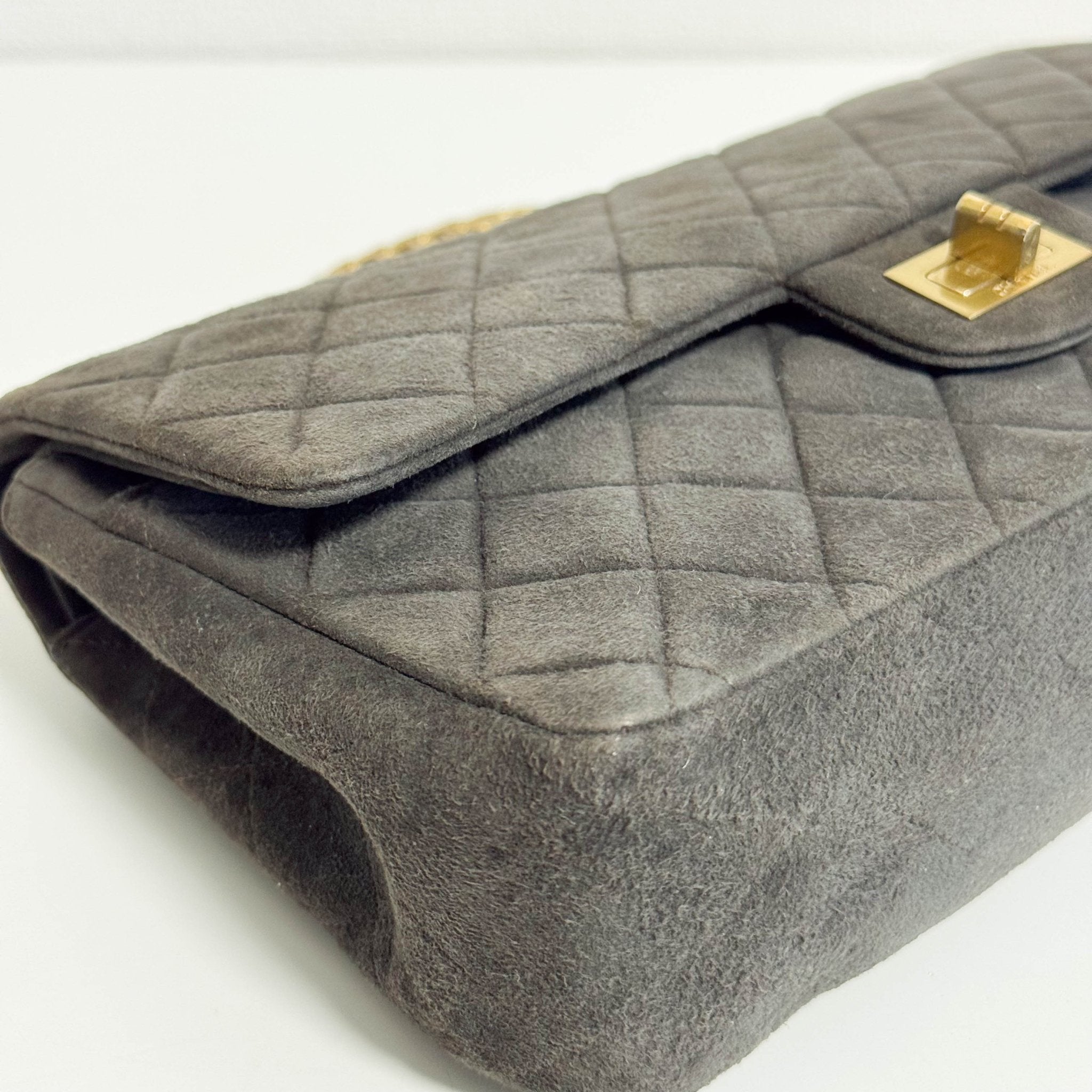 CHANEL 2.55 Double Flap Khaki Brown Suede Chain Shoulder Bag, in , Sold by HIVE PRELOVED - Shoulder Bags, ,