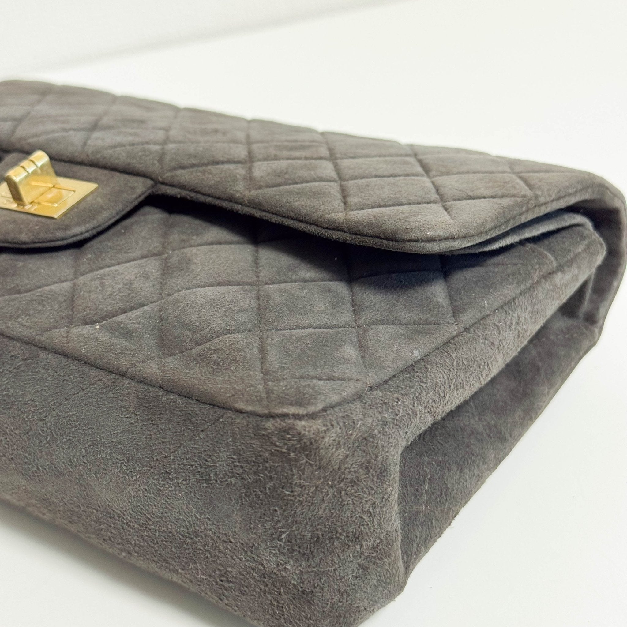 CHANEL 2.55 Double Flap Khaki Brown Suede Chain Shoulder Bag, in , Sold by HIVE PRELOVED - Shoulder Bags, ,