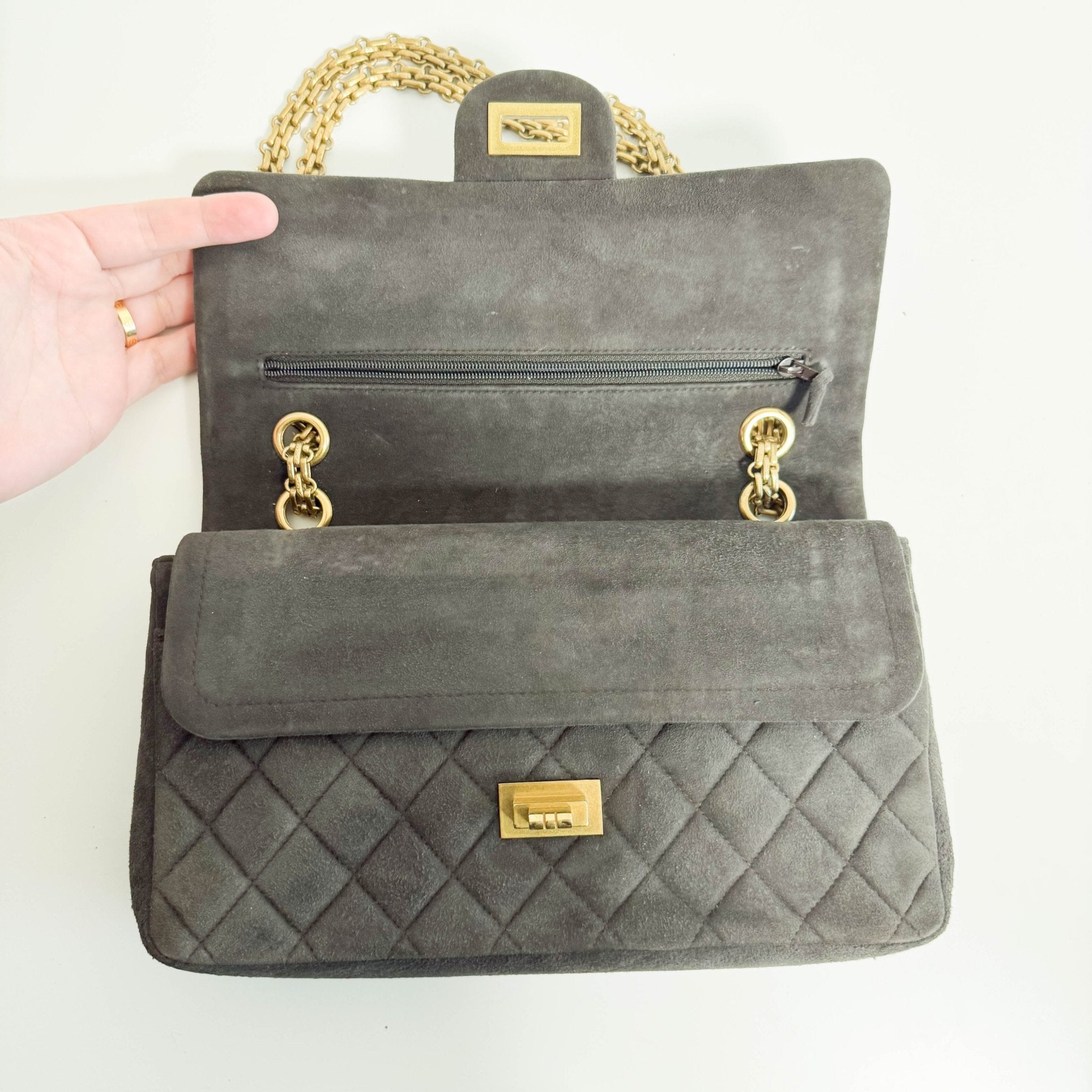 CHANEL 2.55 Double Flap Khaki Brown Suede Chain Shoulder Bag, in , Sold by HIVE PRELOVED - Shoulder Bags, ,