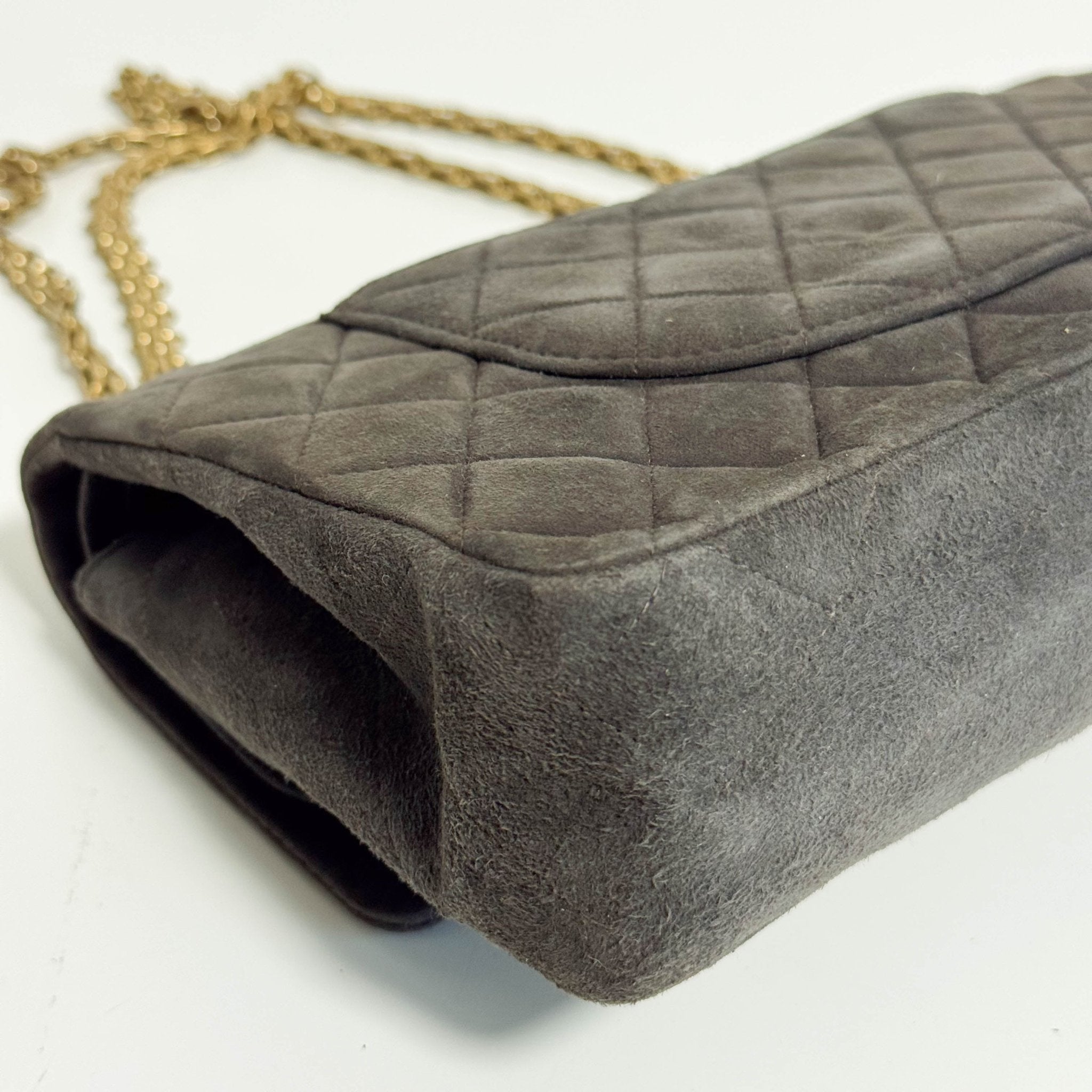 CHANEL 2.55 Double Flap Khaki Brown Suede Chain Shoulder Bag, in , Sold by HIVE PRELOVED - Shoulder Bags, ,