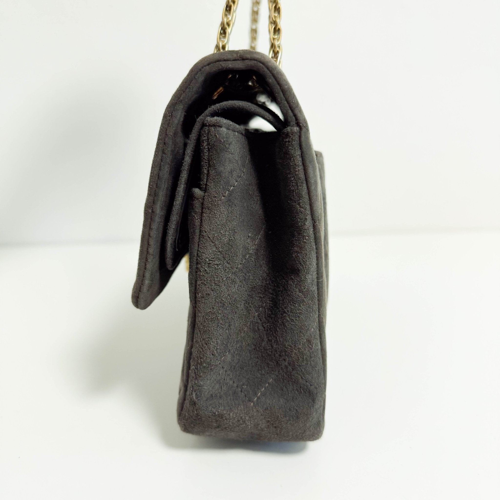 CHANEL 2.55 Double Flap Khaki Brown Suede Chain Shoulder Bag, in , Sold by HIVE PRELOVED - Shoulder Bags, ,