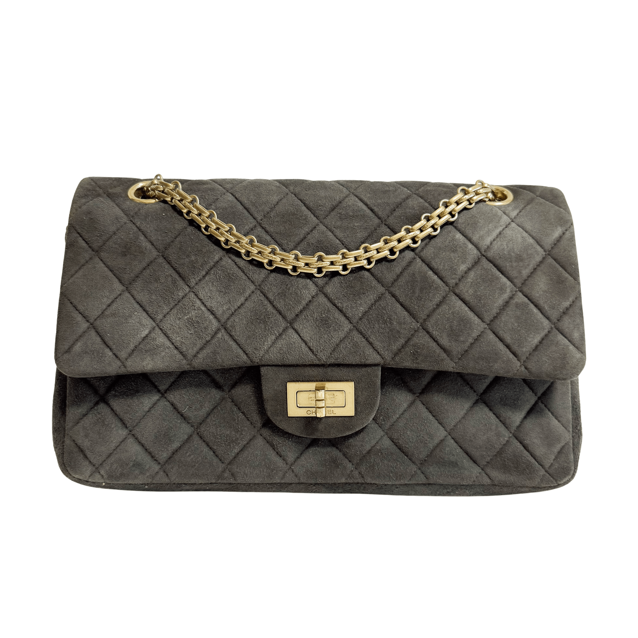 CHANEL 2.55 Double Flap Khaki Brown Suede Chain Shoulder Bag, in , Sold by HIVE PRELOVED - Shoulder Bags, ,