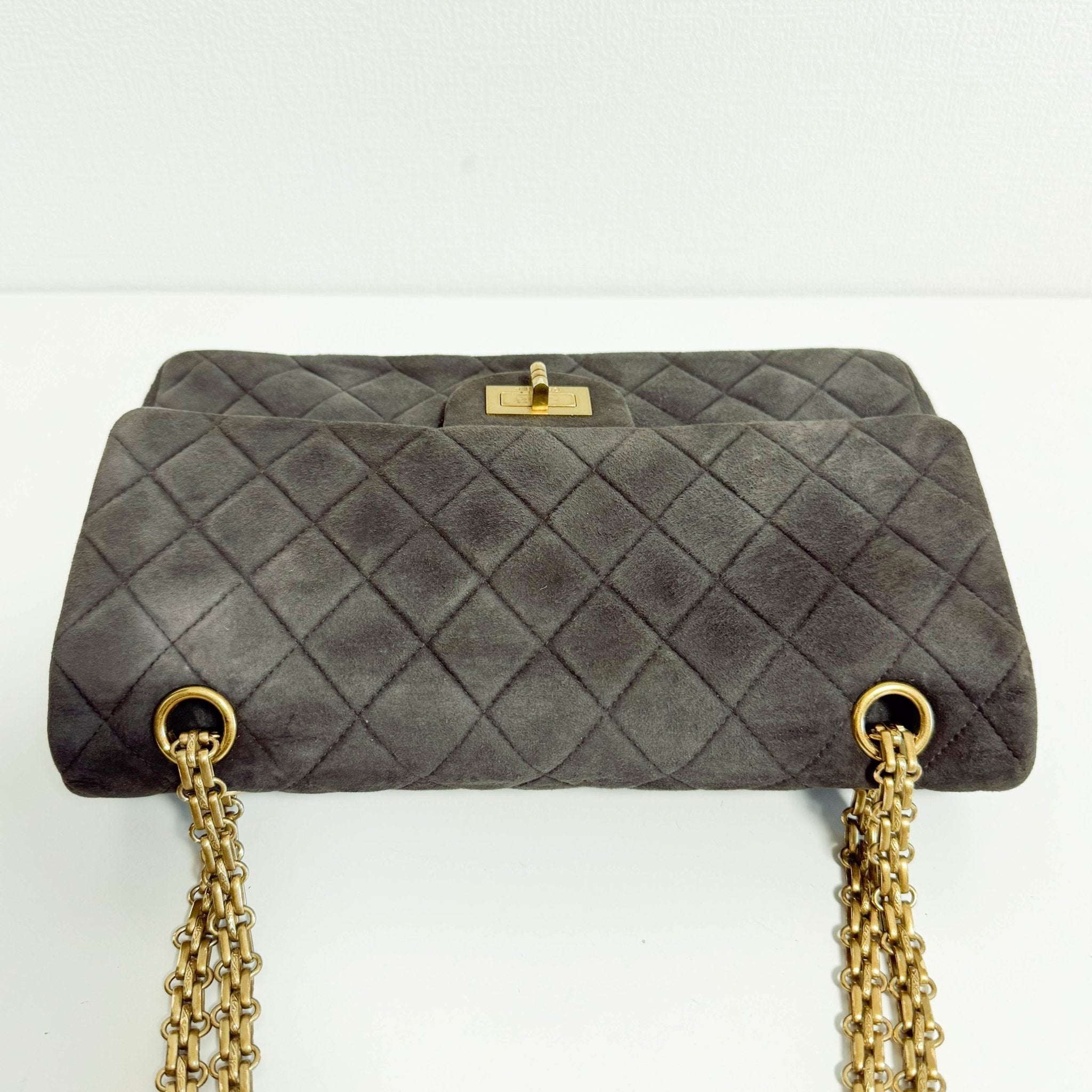 CHANEL 2.55 Double Flap Khaki Brown Suede Chain Shoulder Bag, in , Sold by HIVE PRELOVED - Shoulder Bags, ,