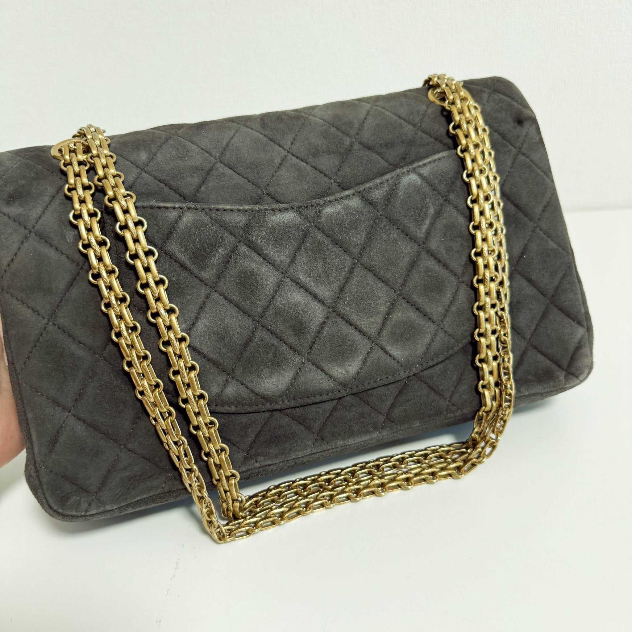 CHANEL 2.55 Double Flap Khaki Brown Suede Chain Shoulder Bag, in , Sold by HIVE PRELOVED - Shoulder Bags, ,