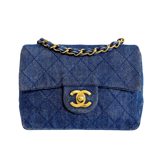 CHANEL Blue Quilted Denim Mini Square Classic Single Flap Gold Hardware, 1989 - 1991, in , Sold by HIVE PRELOVED - Crossbody bags, Mini bags,