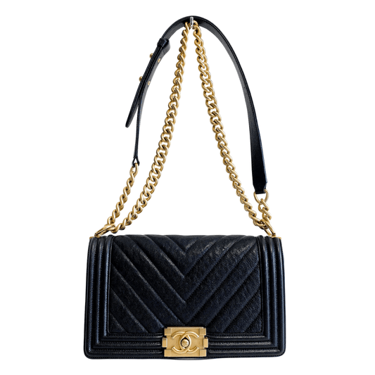 CHANEL Boy V Stitched Chevron Black Leather Gold Chain Shoulder Bag, in , Sold by HIVE PRELOVED - Crossbody bags, Shoulder Bags,