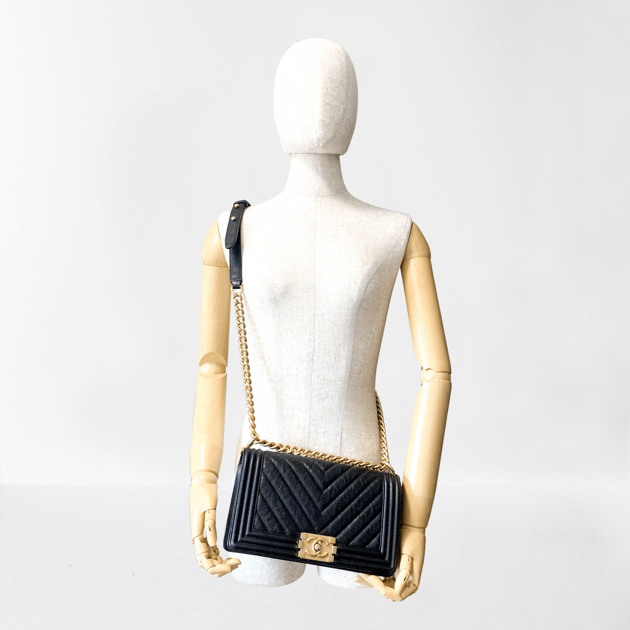 CHANEL Boy V Stitched Chevron Black Leather Gold Chain Shoulder Bag, in , Sold by HIVE PRELOVED - Crossbody bags Shoulder Bag