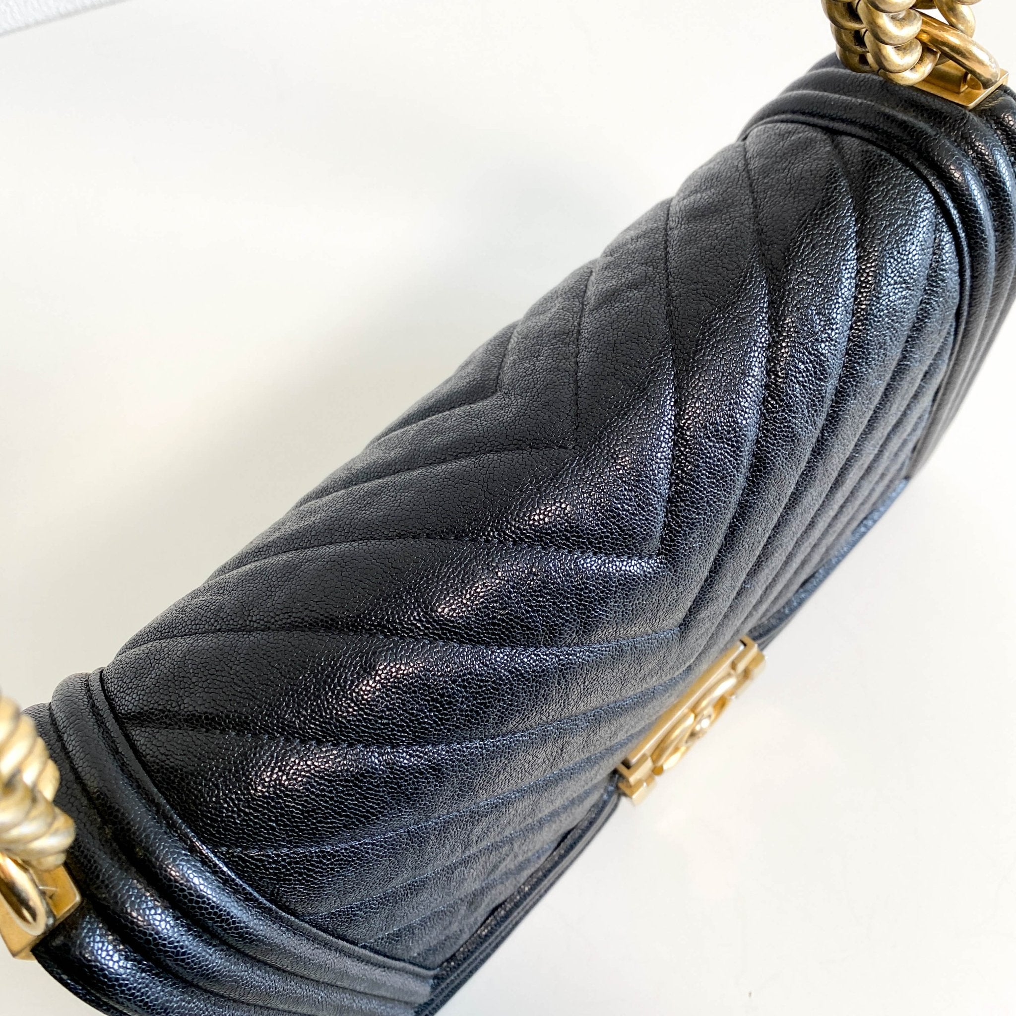 CHANEL Boy V Stitched Chevron Black Leather Gold Chain Shoulder Bag, in , Sold by HIVE PRELOVED - Crossbody bags Shoulder Bag