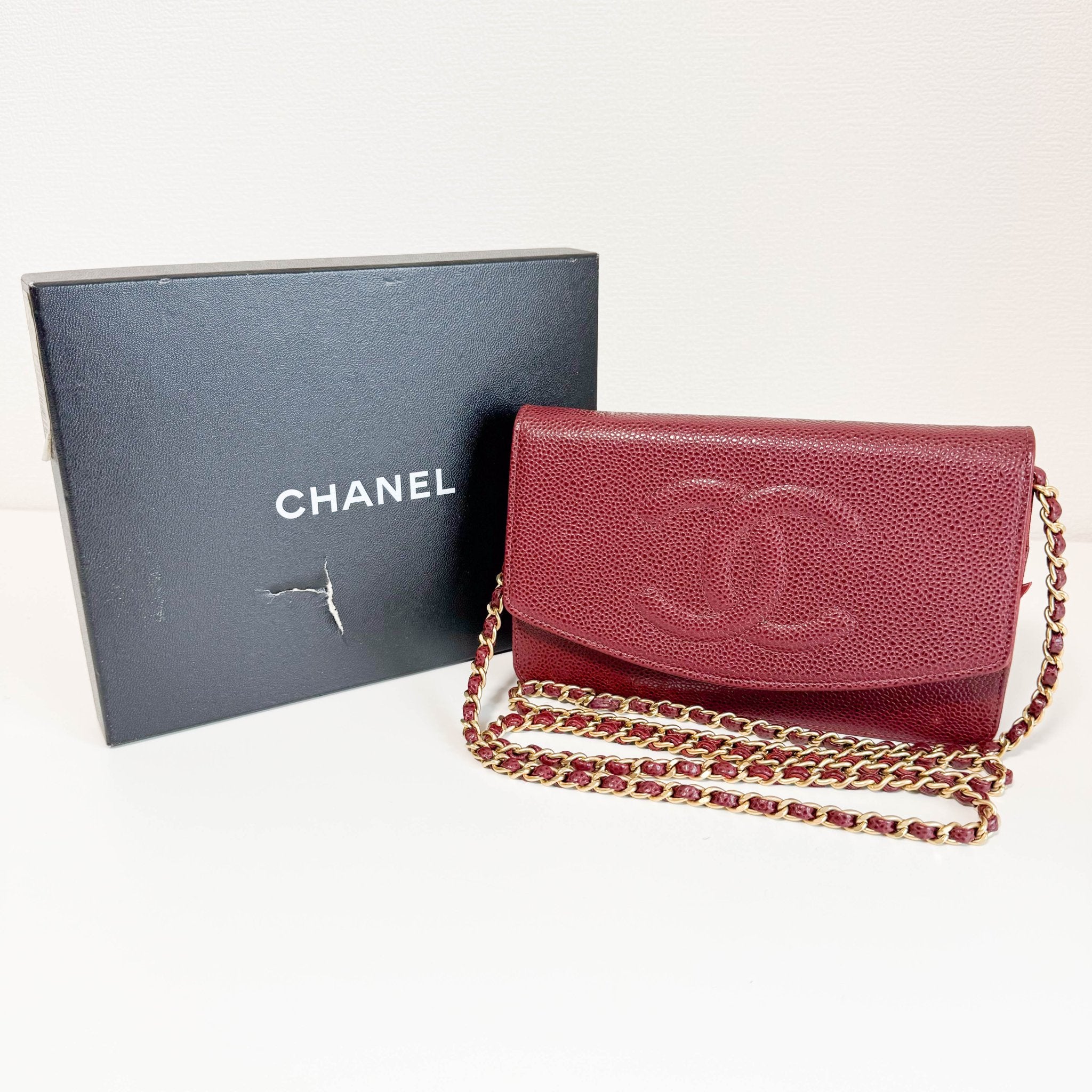 CHANEL Calf Skin Leather Burgundy Red Wallet On Chain (WOC), in , Sold by HIVE PRELOVED - Crossbody bags, ,