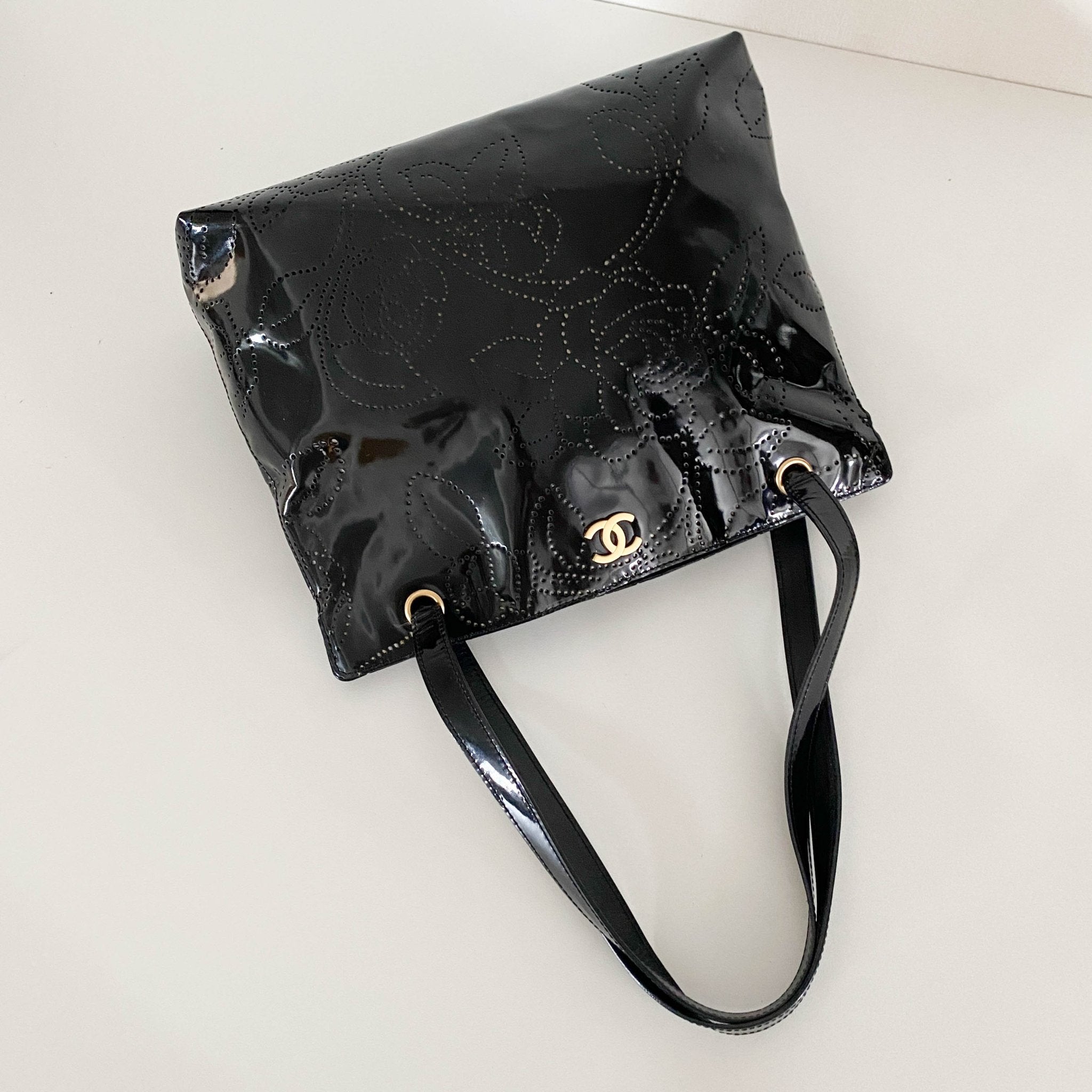 CHANEL Camellia Patent Leather Black Tote Bag, in , Sold by HIVE PRELOVED - Totes, ,