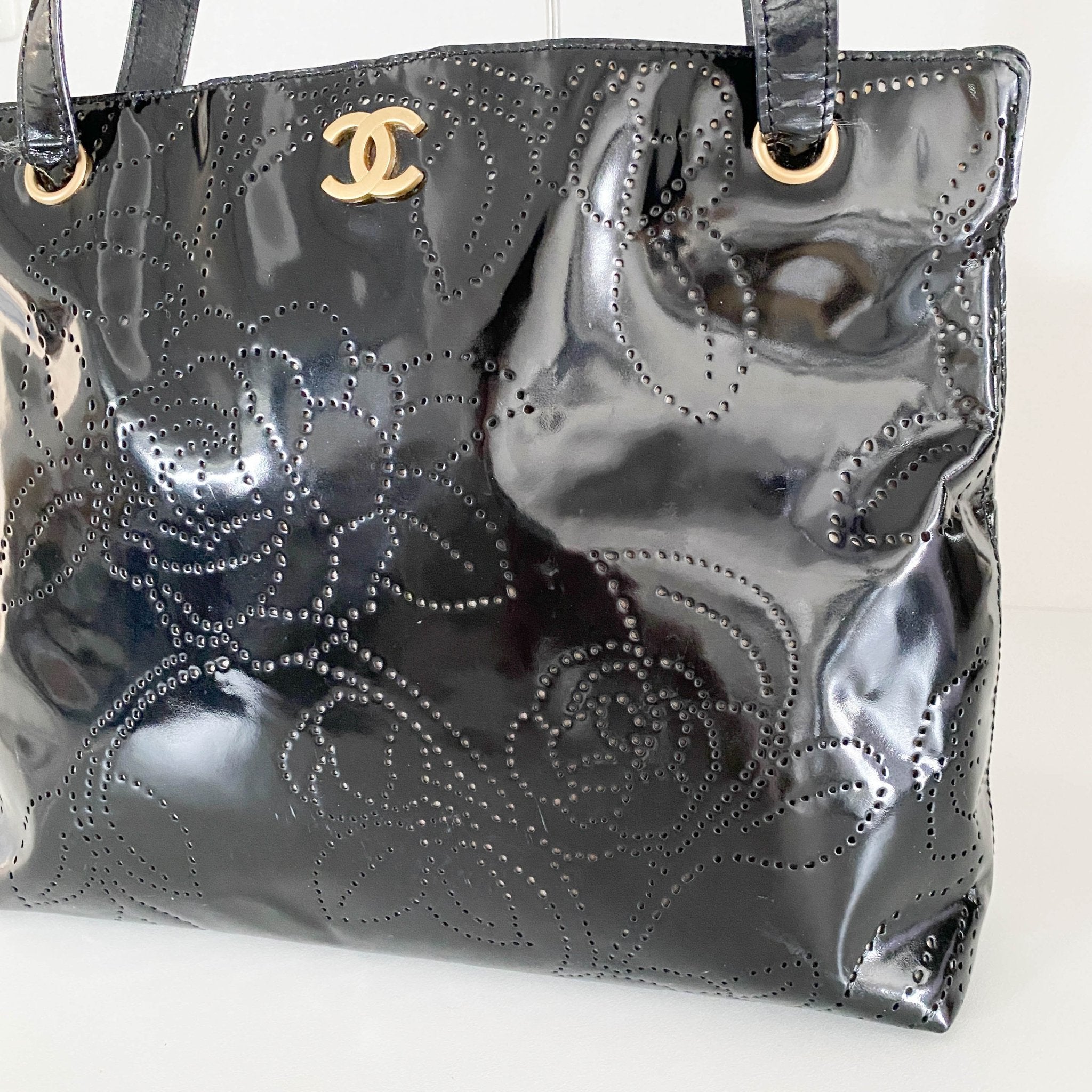 CHANEL Camellia Patent Leather Black Tote Bag, in , Sold by HIVE PRELOVED - Totes, ,