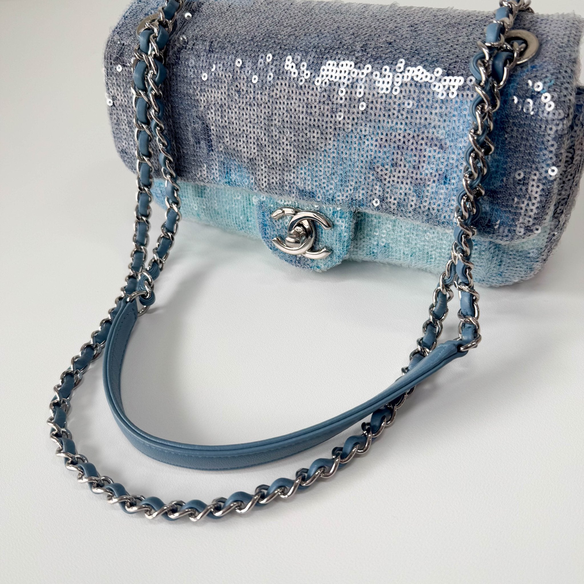 CHANEL CC Flap Waterfall Sequin Blue Double Chain Shoulder Bag, in , Sold by HIVE PRELOVED - Shoulder Bags, ,