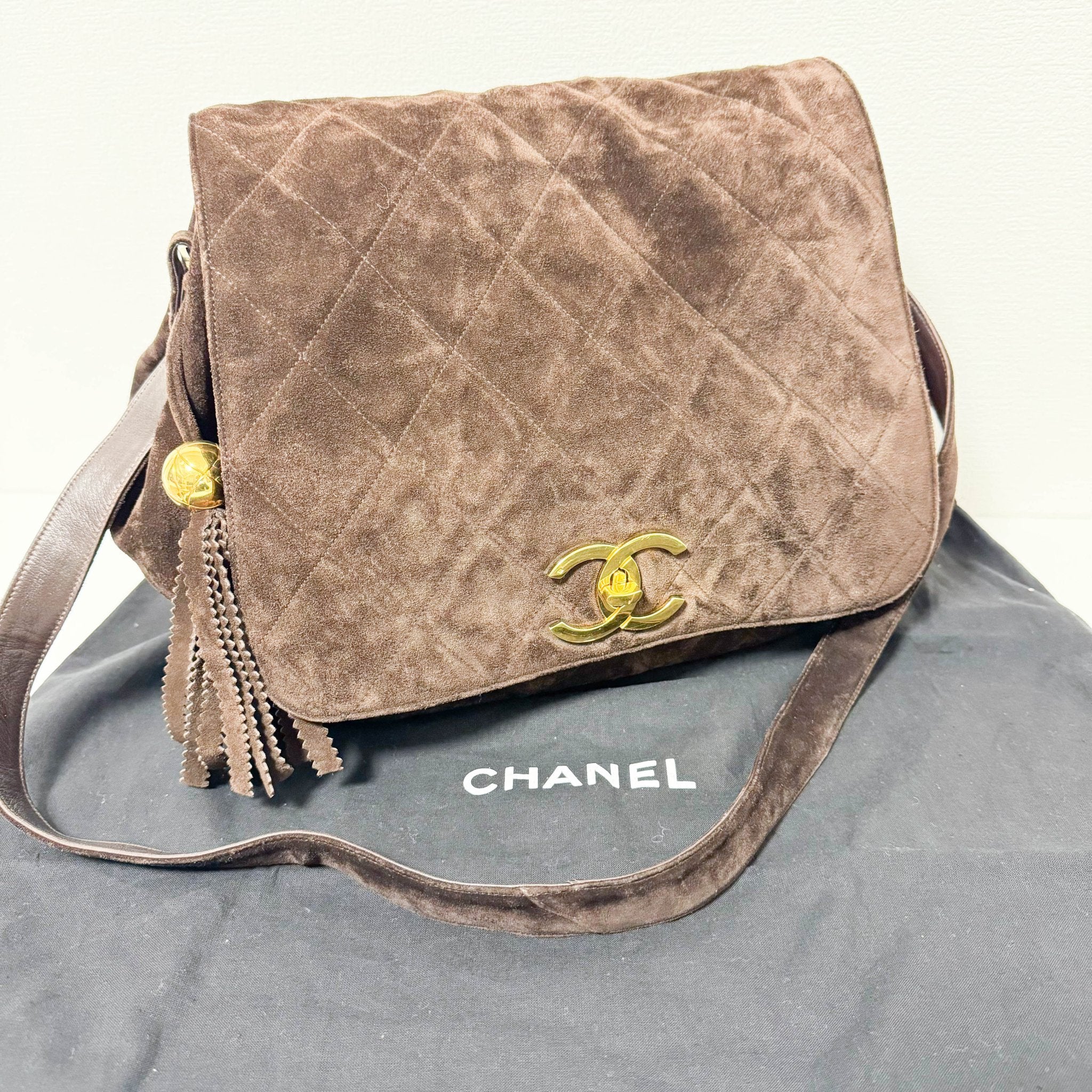 CHANEL CC Quilted Dark Brown Suede Large Satchel Crossbody Bag, in , Sold by HIVE PRELOVED - Crossbody bags, ,