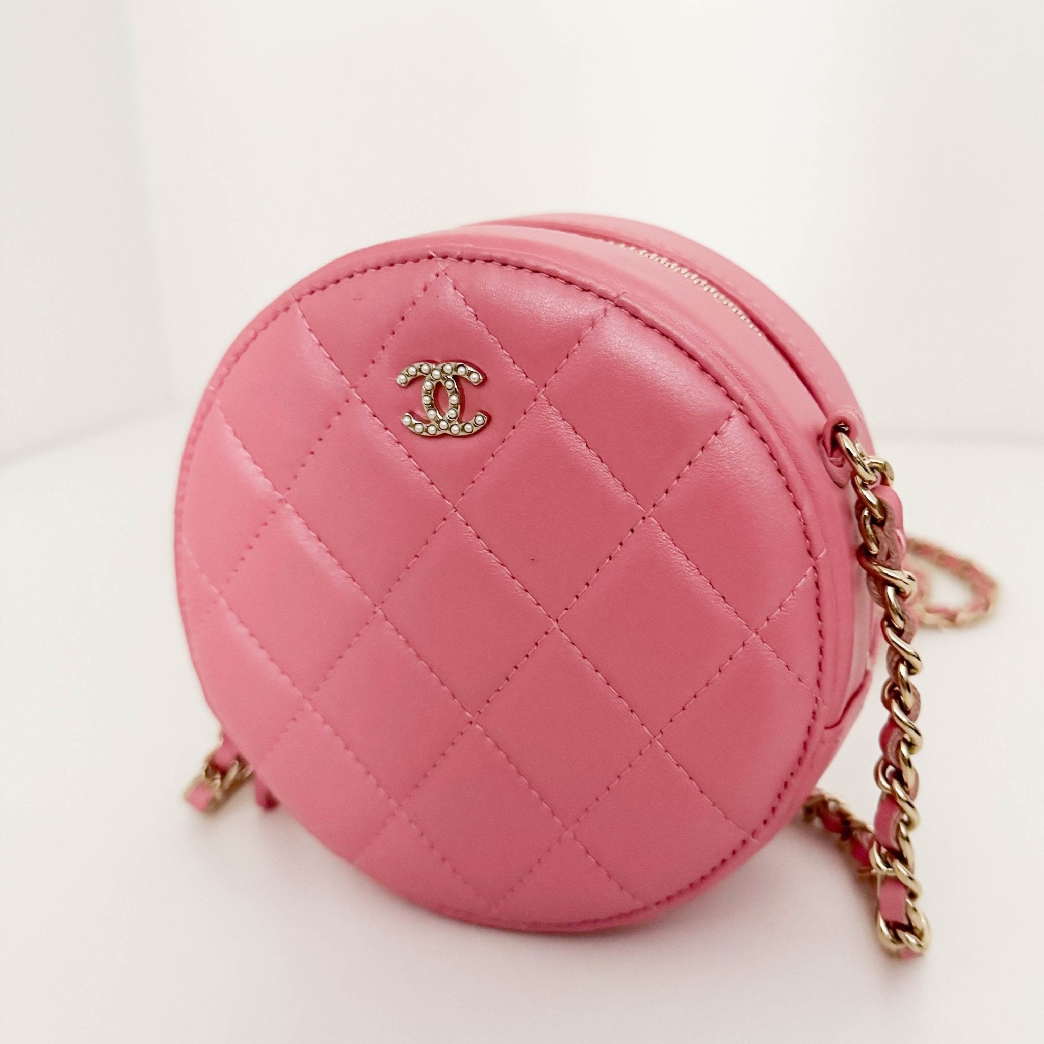 CHANEL CC Quilted Lambskin Round Pearl Pink Chain Crossbody Bag, in , Sold by HIVE PRELOVED - Crossbody bags, Mini bags,
