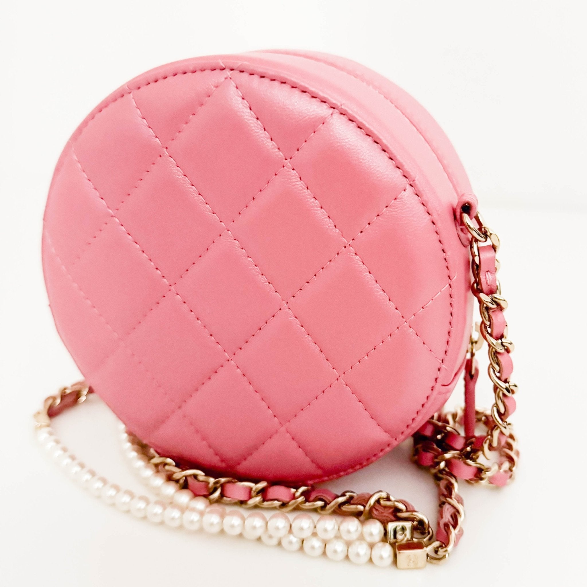 CHANEL CC Quilted Lambskin Round Pearl Pink Chain Crossbody Bag, in , Sold by HIVE PRELOVED - Crossbody bags, Mini bags,