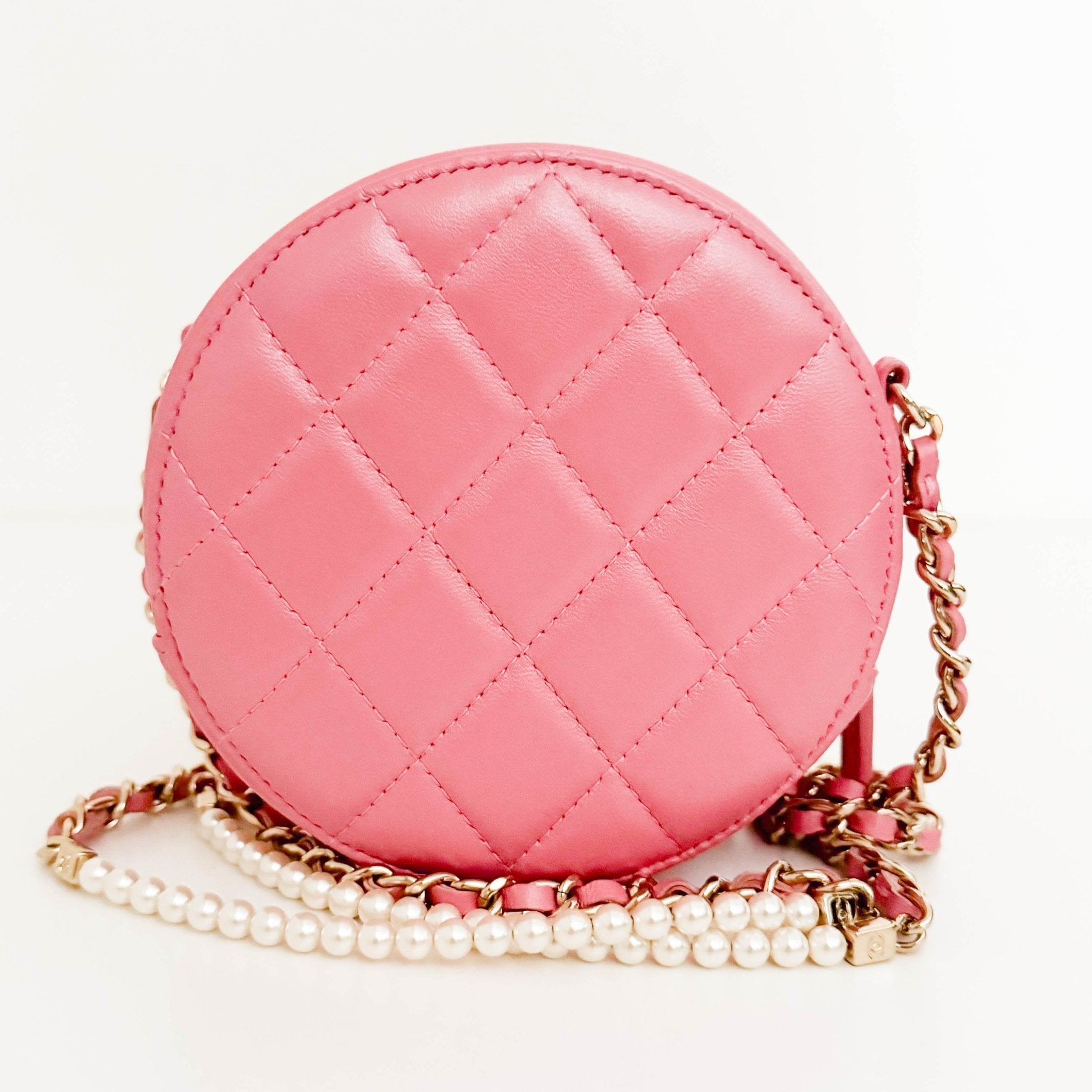 CHANEL CC Quilted Lambskin Round Pearl Pink Chain Crossbody Bag, in , Sold by HIVE PRELOVED - Crossbody bags, Mini bags,