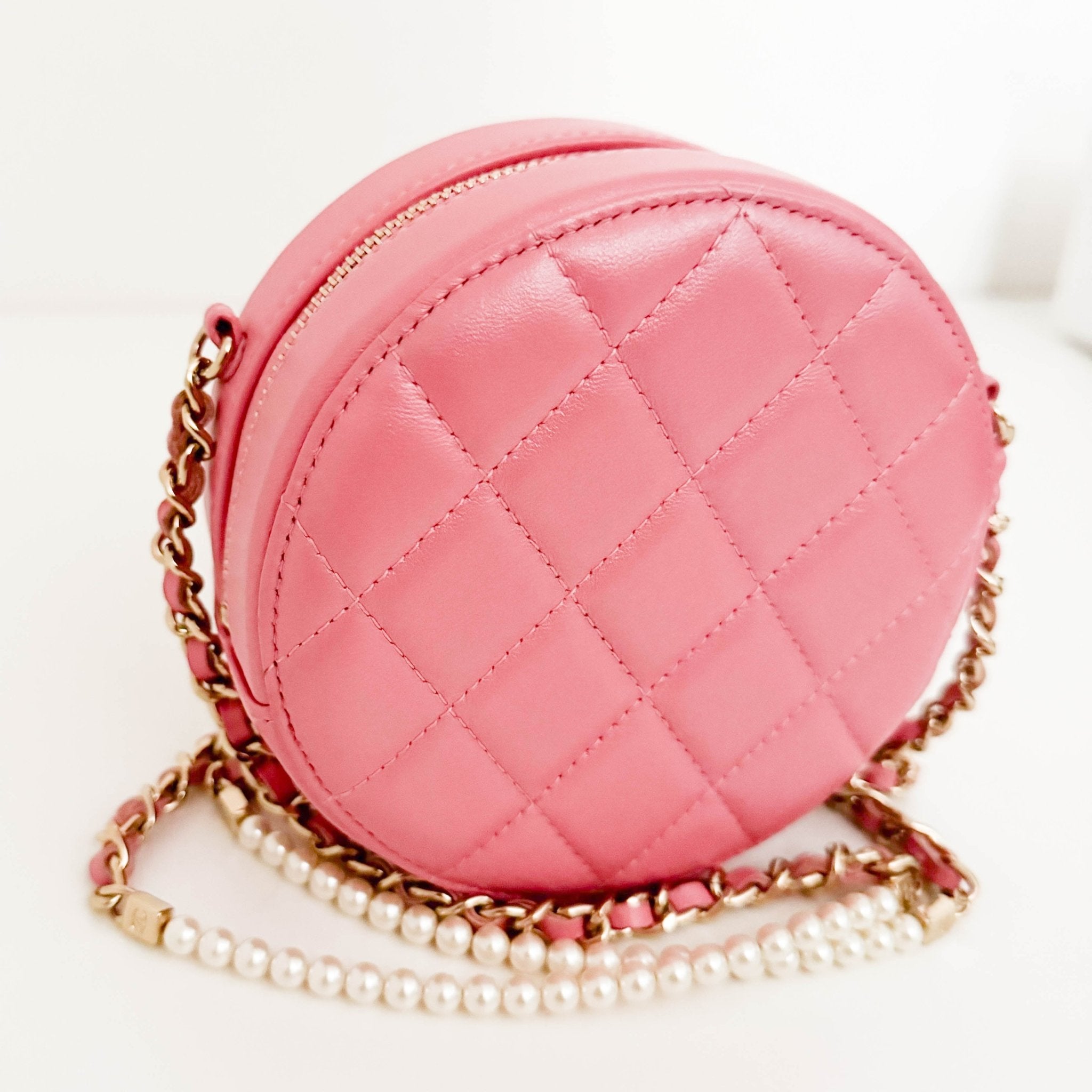 CHANEL CC Quilted Lambskin Round Pearl Pink Chain Crossbody Bag, in , Sold by HIVE PRELOVED - Crossbody bags, Mini bags,