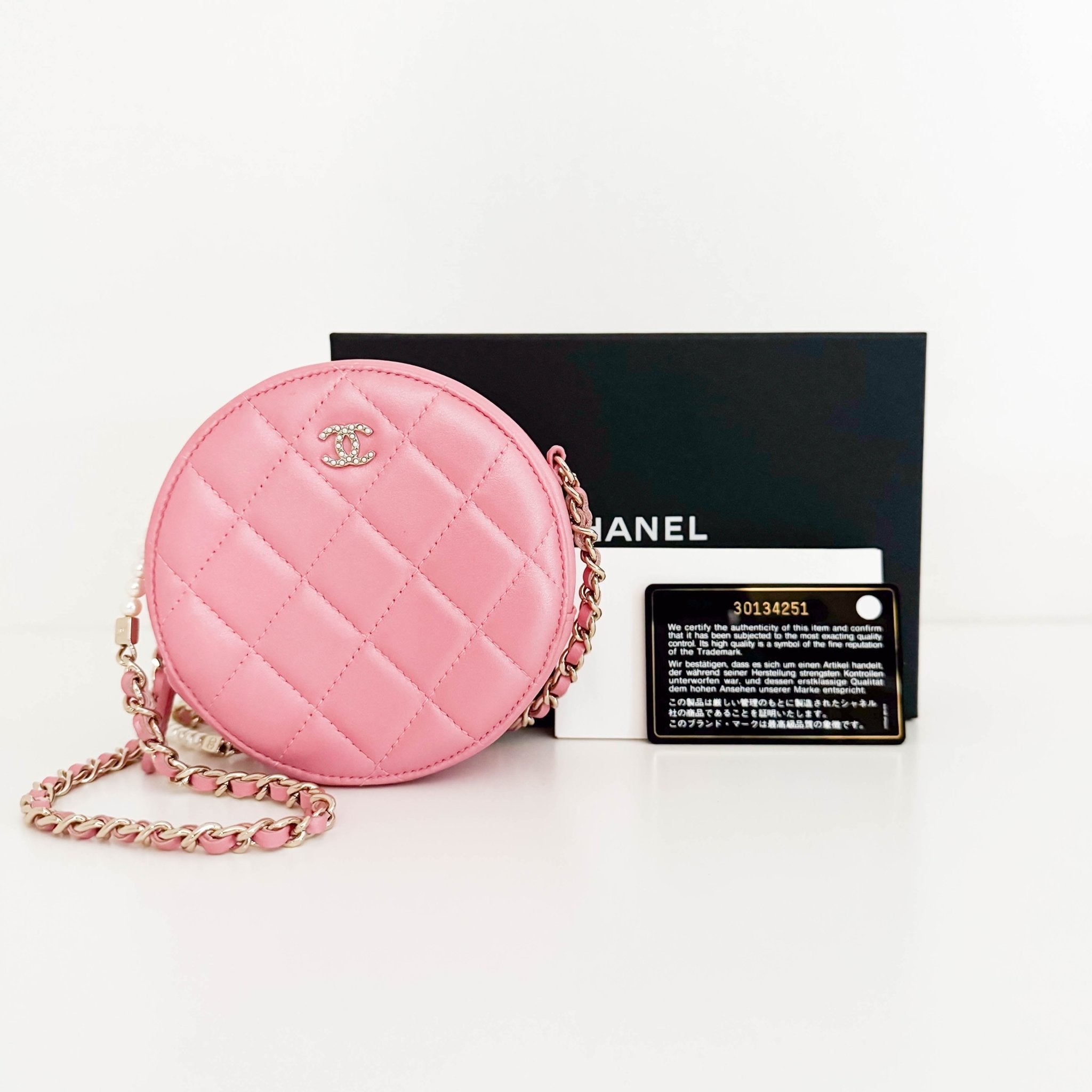 CHANEL CC Quilted Lambskin Round Pearl Pink Chain Crossbody Bag, in , Sold by HIVE PRELOVED - Crossbody bags, Mini bags,