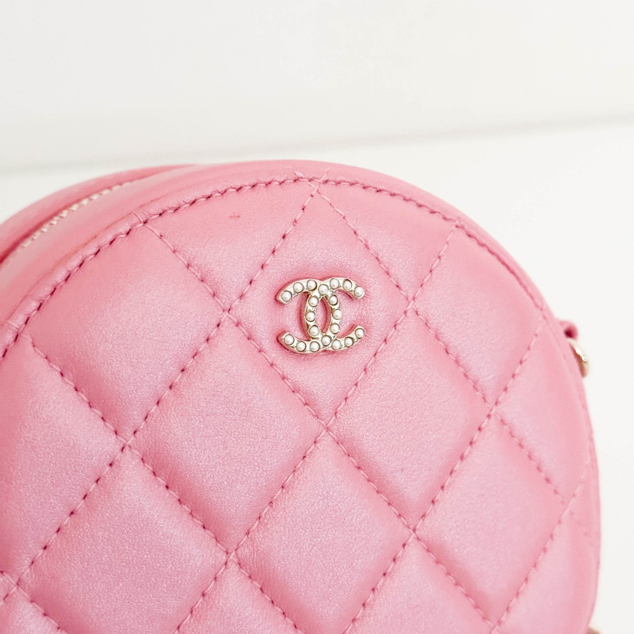 CHANEL CC Quilted Lambskin Round Pearl Pink Chain Crossbody Bag, in , Sold by HIVE PRELOVED - Crossbody bags, Mini bags,