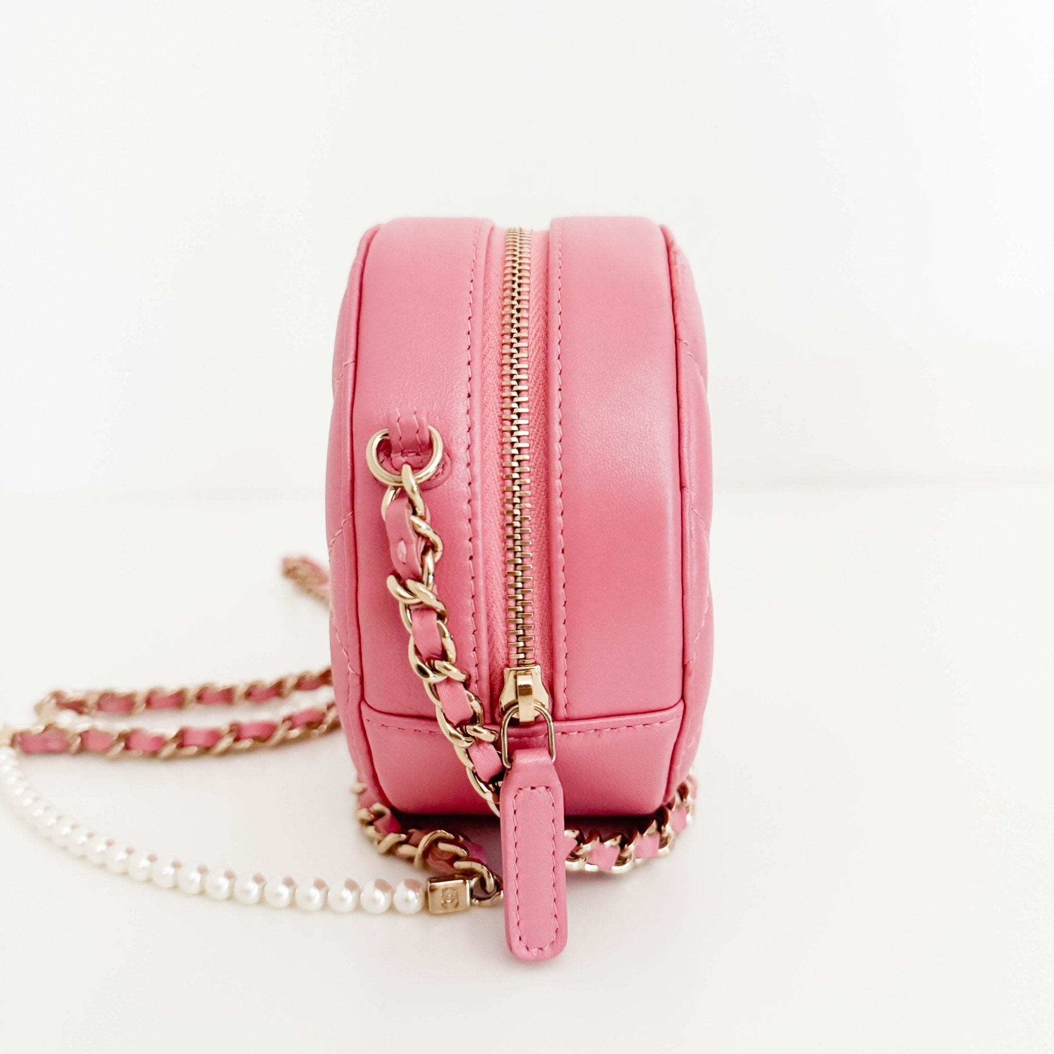 CHANEL CC Quilted Lambskin Round Pearl Pink Chain Crossbody Bag, in , Sold by HIVE PRELOVED - Crossbody bags, Mini bags,