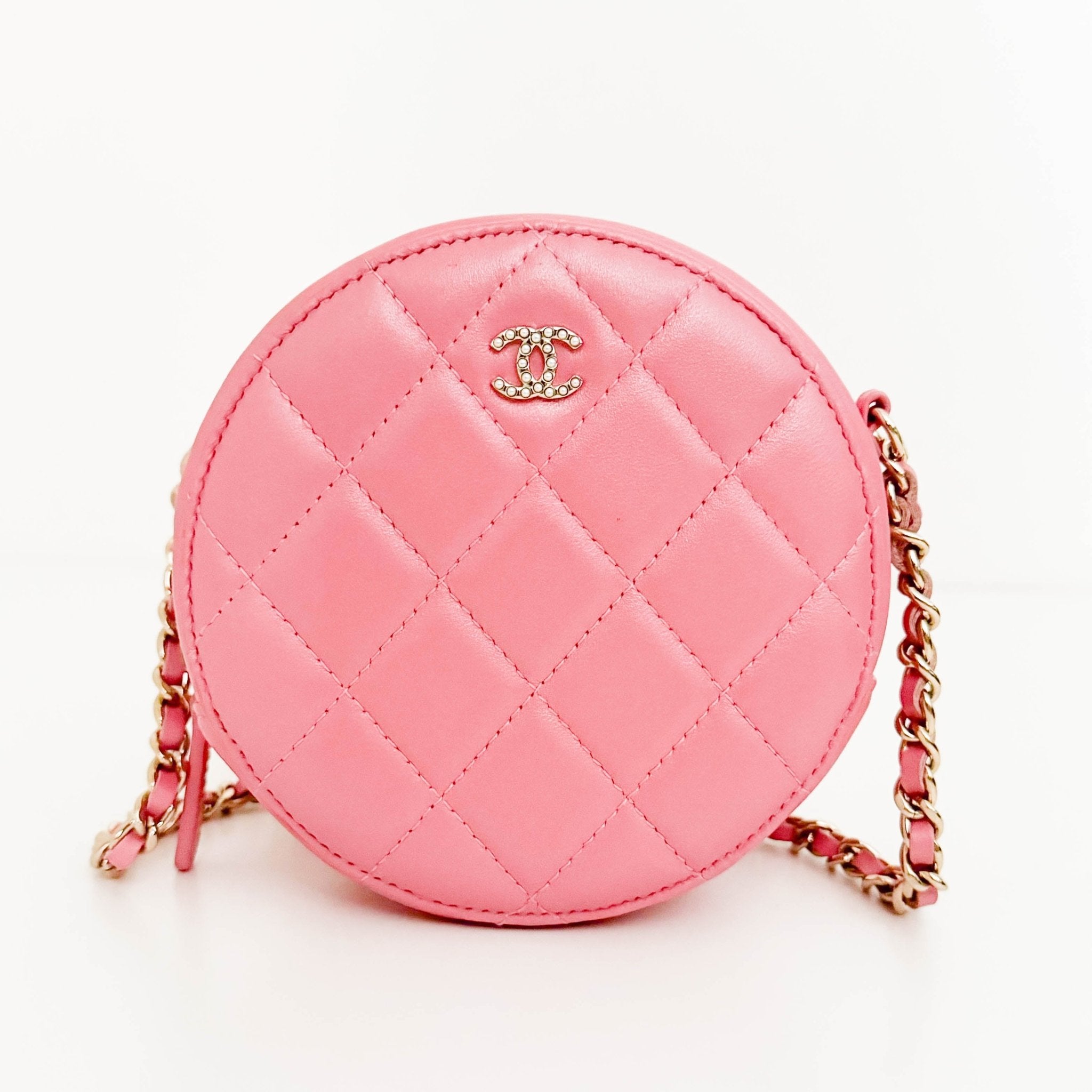 CHANEL CC Quilted Lambskin Round Pearl Pink Chain Crossbody Bag, in , Sold by HIVE PRELOVED - Crossbody bags, Mini bags,
