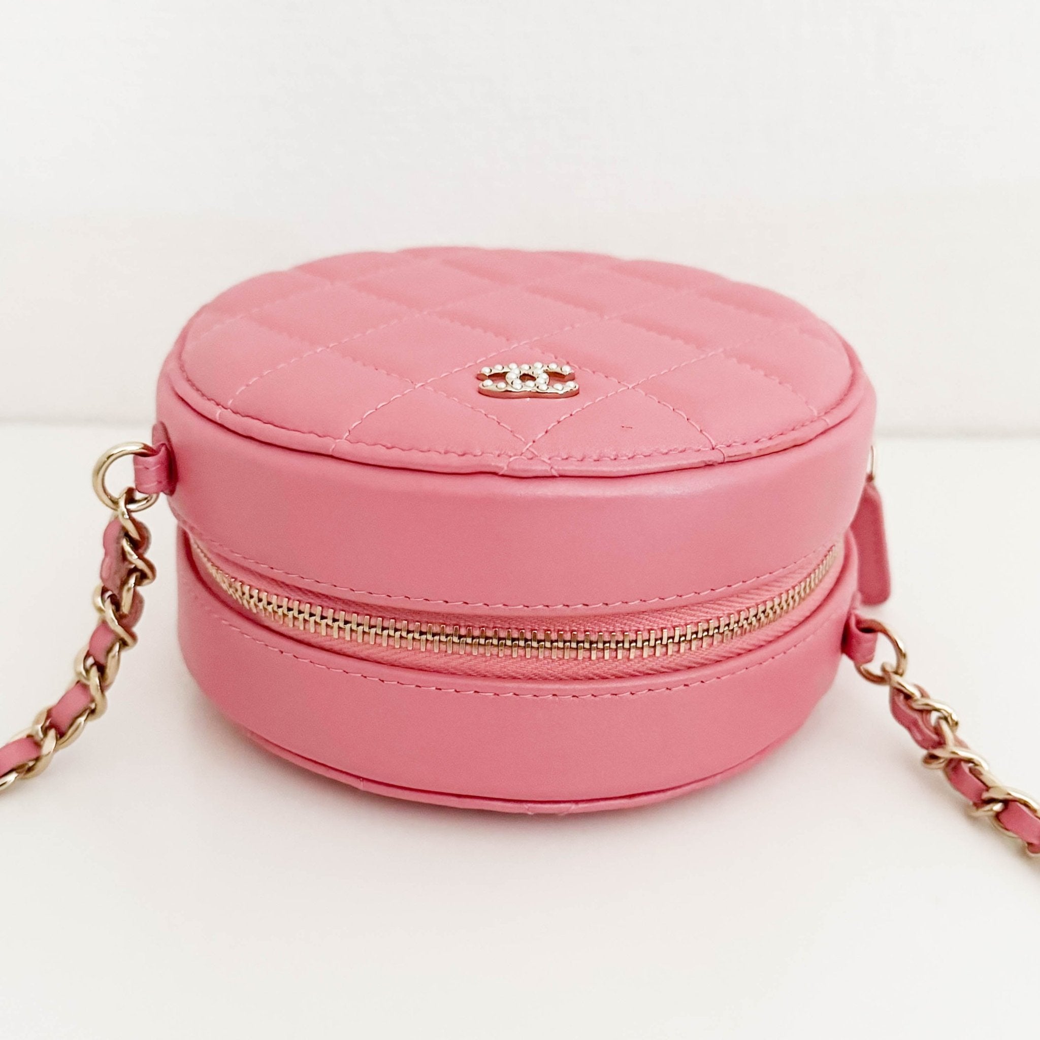 CHANEL CC Quilted Lambskin Round Pearl Pink Chain Crossbody Bag, in , Sold by HIVE PRELOVED - Crossbody bags, Mini bags,