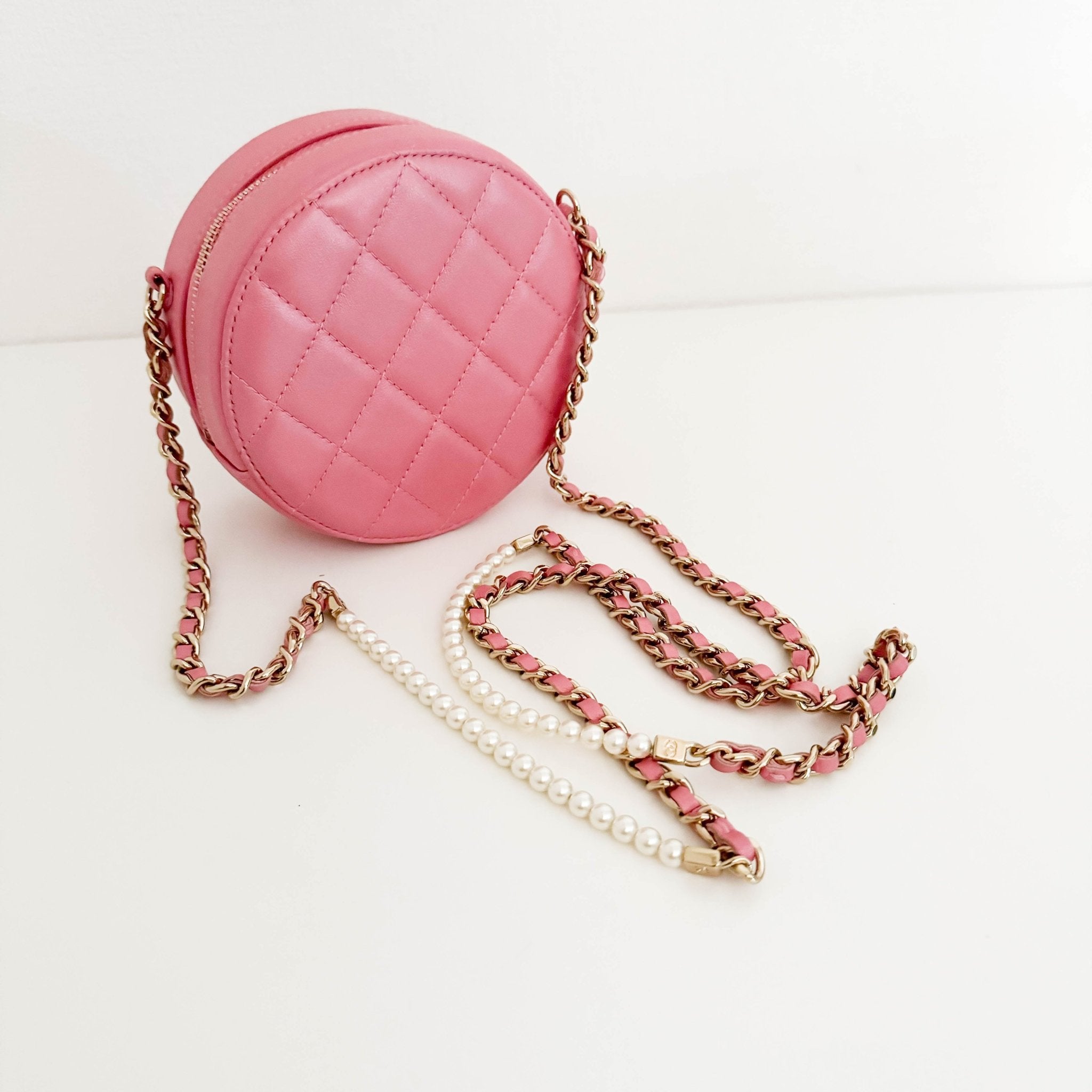 CHANEL CC Quilted Lambskin Round Pearl Pink Chain Crossbody Bag, in , Sold by HIVE PRELOVED - Crossbody bags, Mini bags,