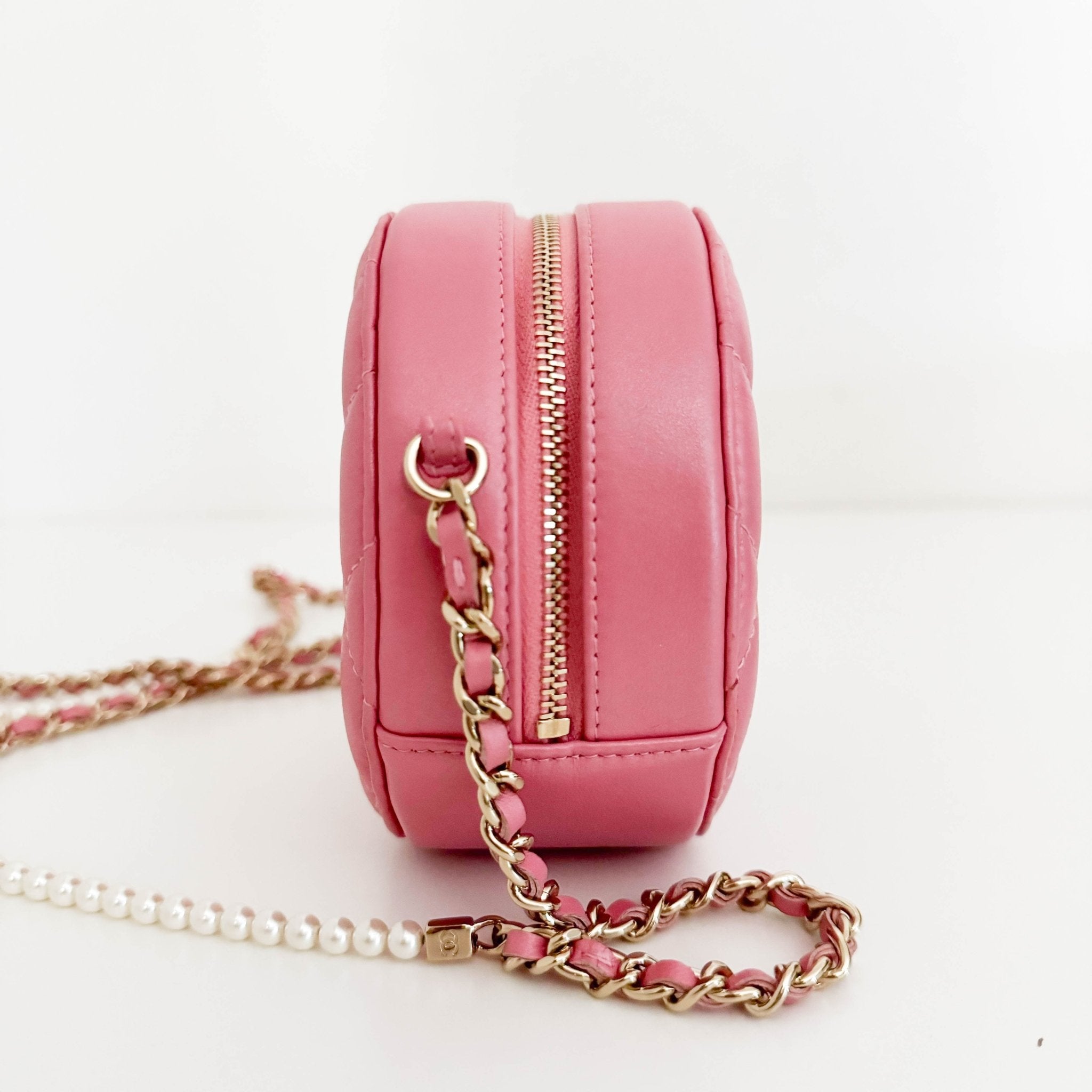 CHANEL CC Quilted Lambskin Round Pearl Pink Chain Crossbody Bag, in , Sold by HIVE PRELOVED - Crossbody bags, Mini bags,