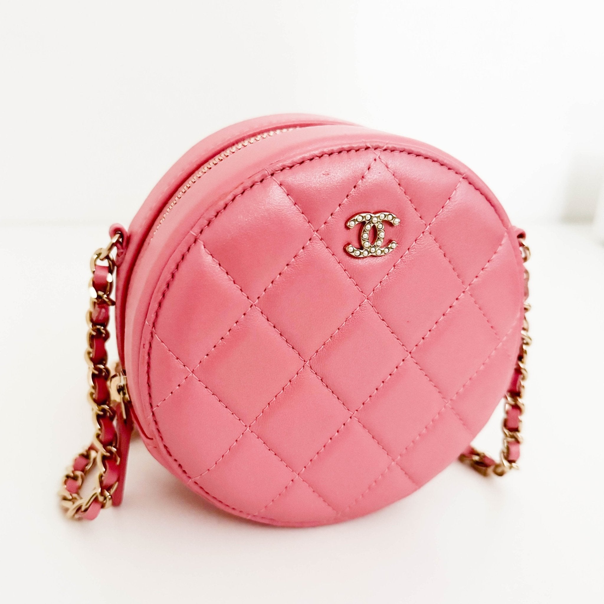 CHANEL CC Quilted Lambskin Round Pearl Pink Chain Crossbody Bag, in , Sold by HIVE PRELOVED - Crossbody bags, Mini bags,