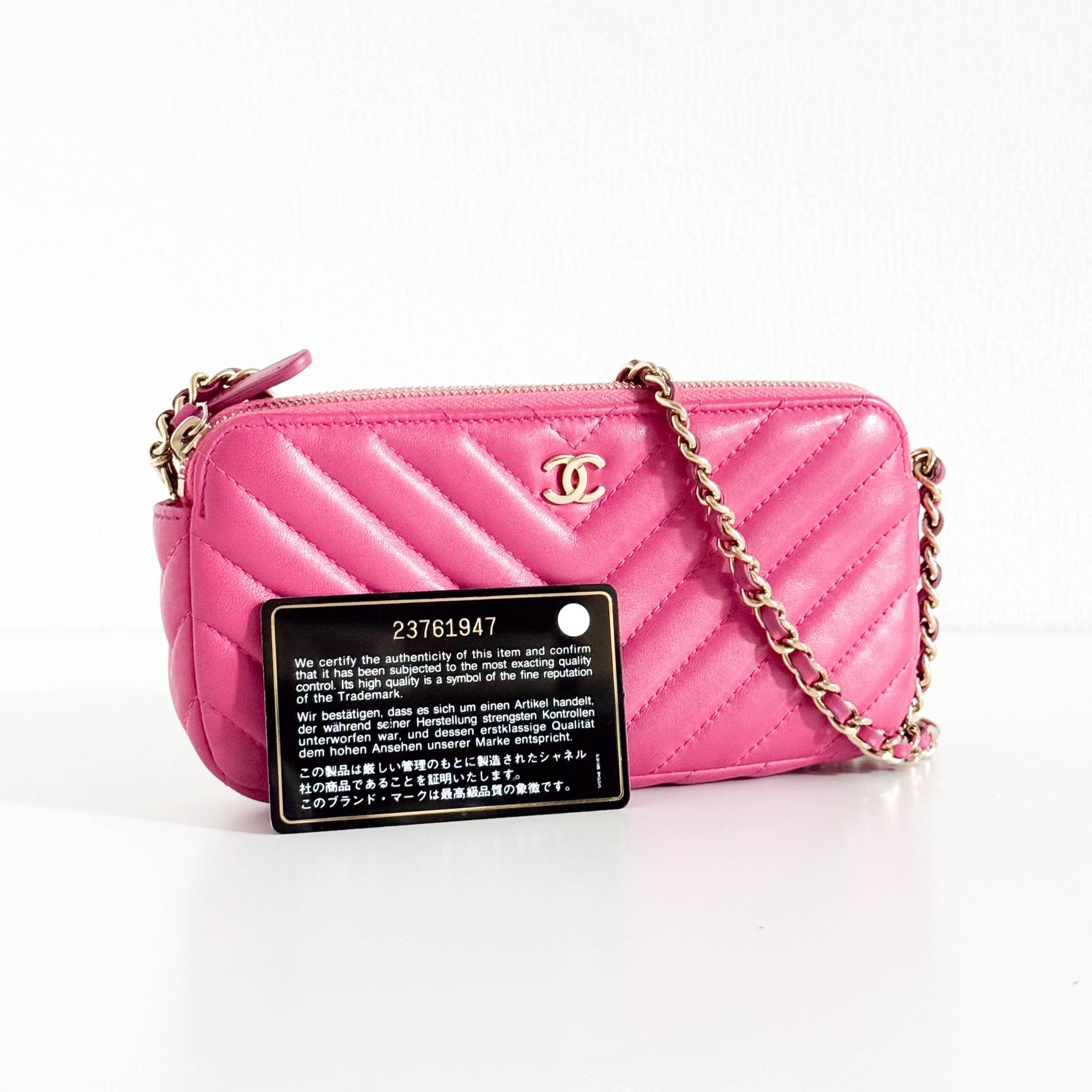 CHANEL Chevron CC V - Stitched Lambskin Mini Chain Crossbody Bag Pink / Gold Hardware, in Sold by HIVE PRELOVED Crossbody bag