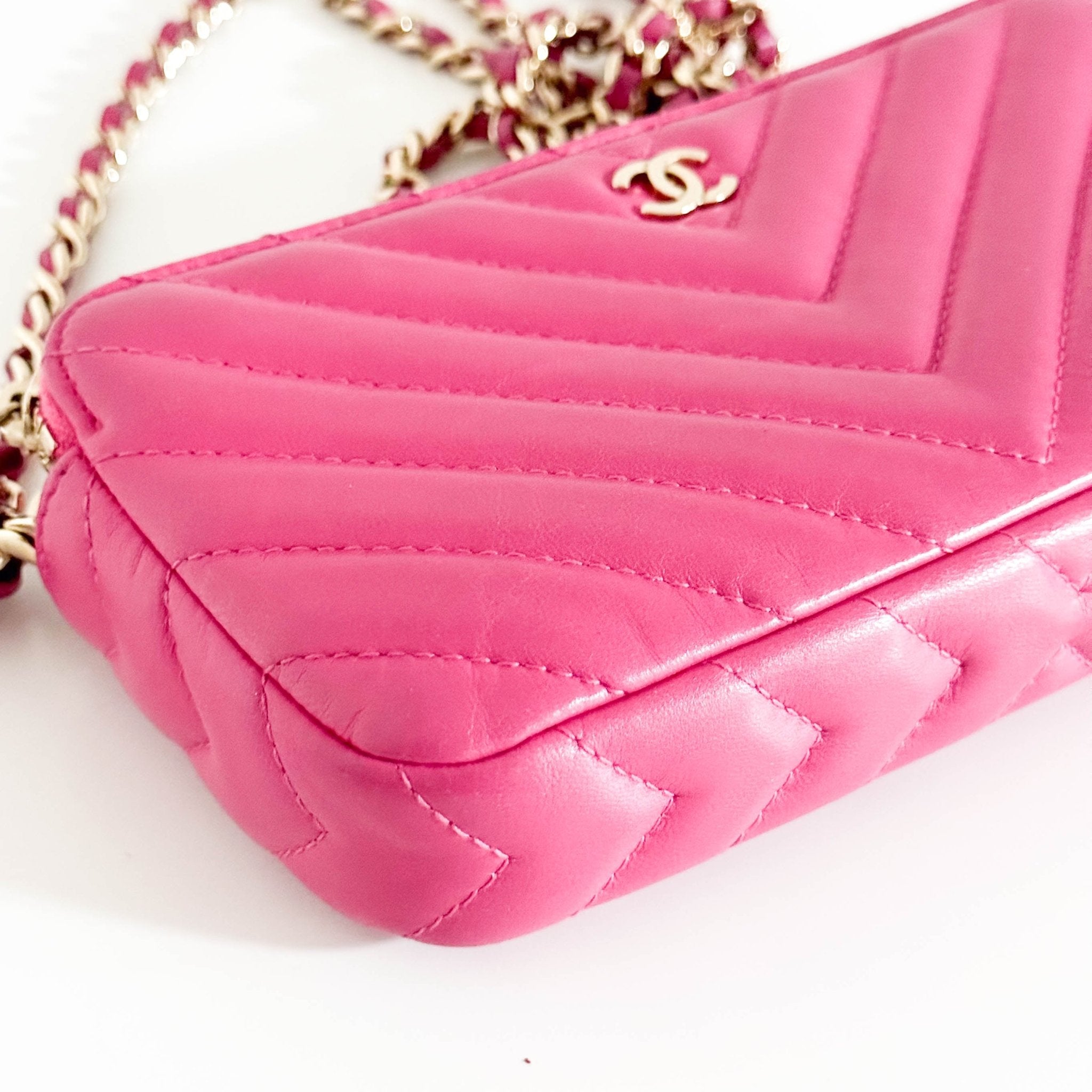 CHANEL Chevron CC V - Stitched Lambskin Mini Chain Crossbody Bag Pink / Gold Hardware, in Sold by HIVE PRELOVED Crossbody bag