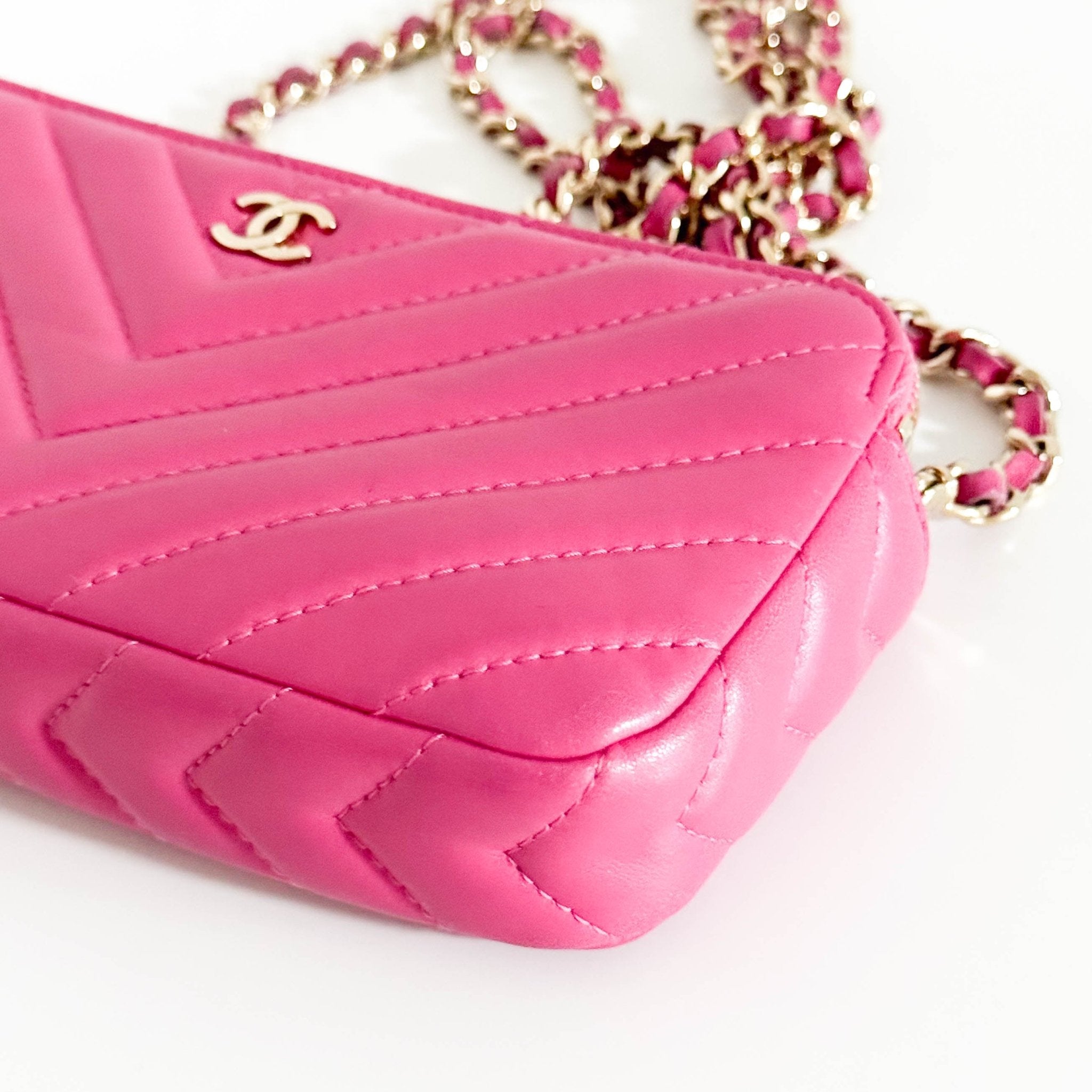 CHANEL Chevron CC V - Stitched Lambskin Mini Chain Crossbody Bag Pink / Gold Hardware, in Sold by HIVE PRELOVED Crossbody bag