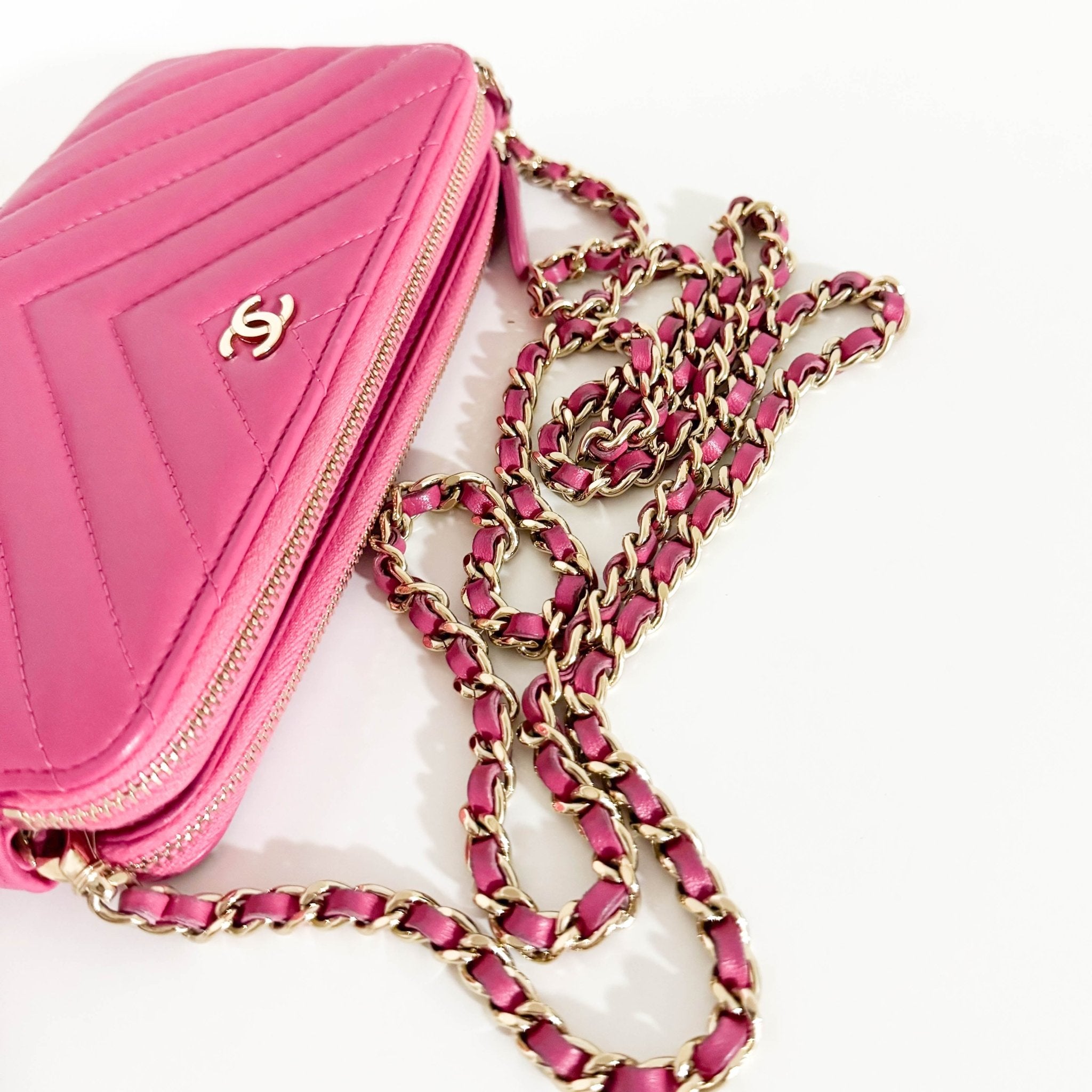 CHANEL Chevron CC V - Stitched Lambskin Mini Chain Crossbody Bag Pink / Gold Hardware, in Sold by HIVE PRELOVED Crossbody bag