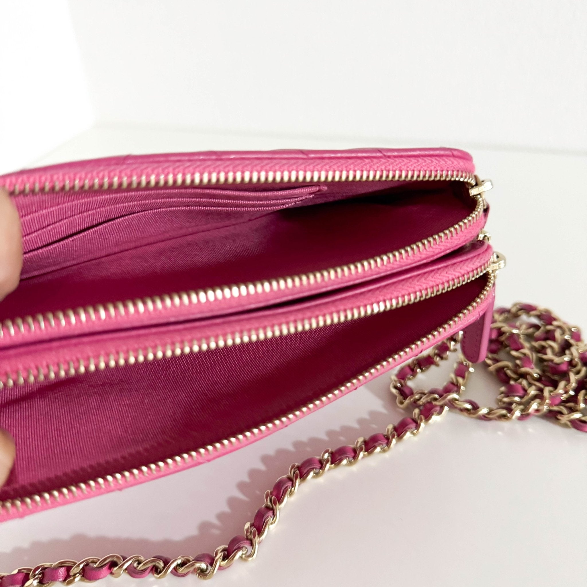 CHANEL Chevron CC V - Stitched Lambskin Mini Chain Crossbody Bag Pink / Gold Hardware, in Sold by HIVE PRELOVED Crossbody bag
