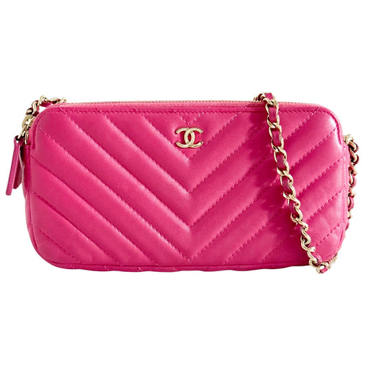 CHANEL Chevron CC V - Stitched Lambskin Mini Chain Crossbody Bag Pink / Gold Hardware, in , Sold by HIVE PRELOVED - Crossbody bags, ,