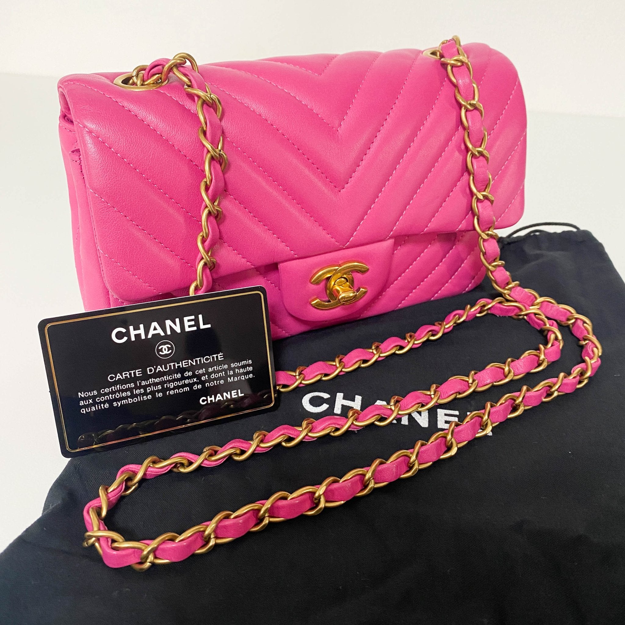 CHANEL Chevron CC V Stitched Single Flap Lambskin Chain Shoulder Bag Pink Gold Hardware in Sold by HIVE PRELOVED-Crossbodybag