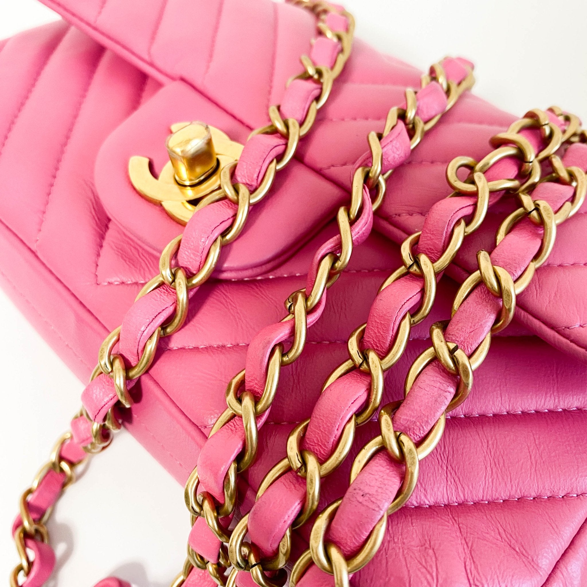CHANEL Chevron CC V Stitched Single Flap Lambskin Chain Shoulder Bag Pink Gold Hardware in Sold by HIVE PRELOVED Shoulder Bag