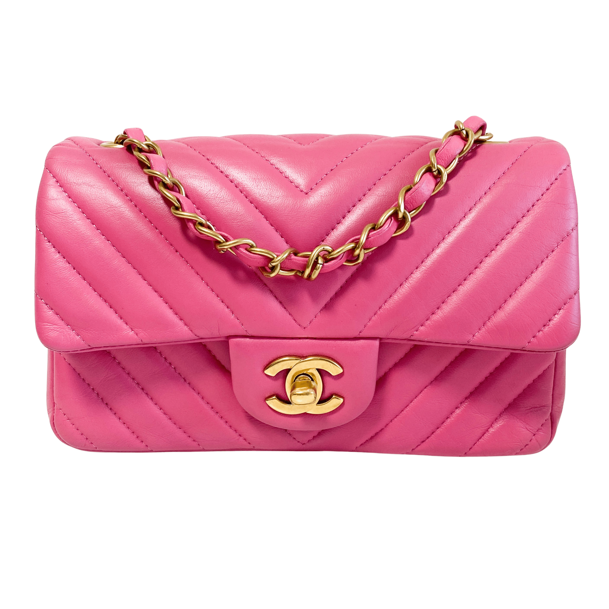 CHANEL Chevron CC V Stitched Single Flap Lambskin Chain Shoulder Bag Pink Gold Hardware in Sold by HIVE PRELOVED Shoulder Bag