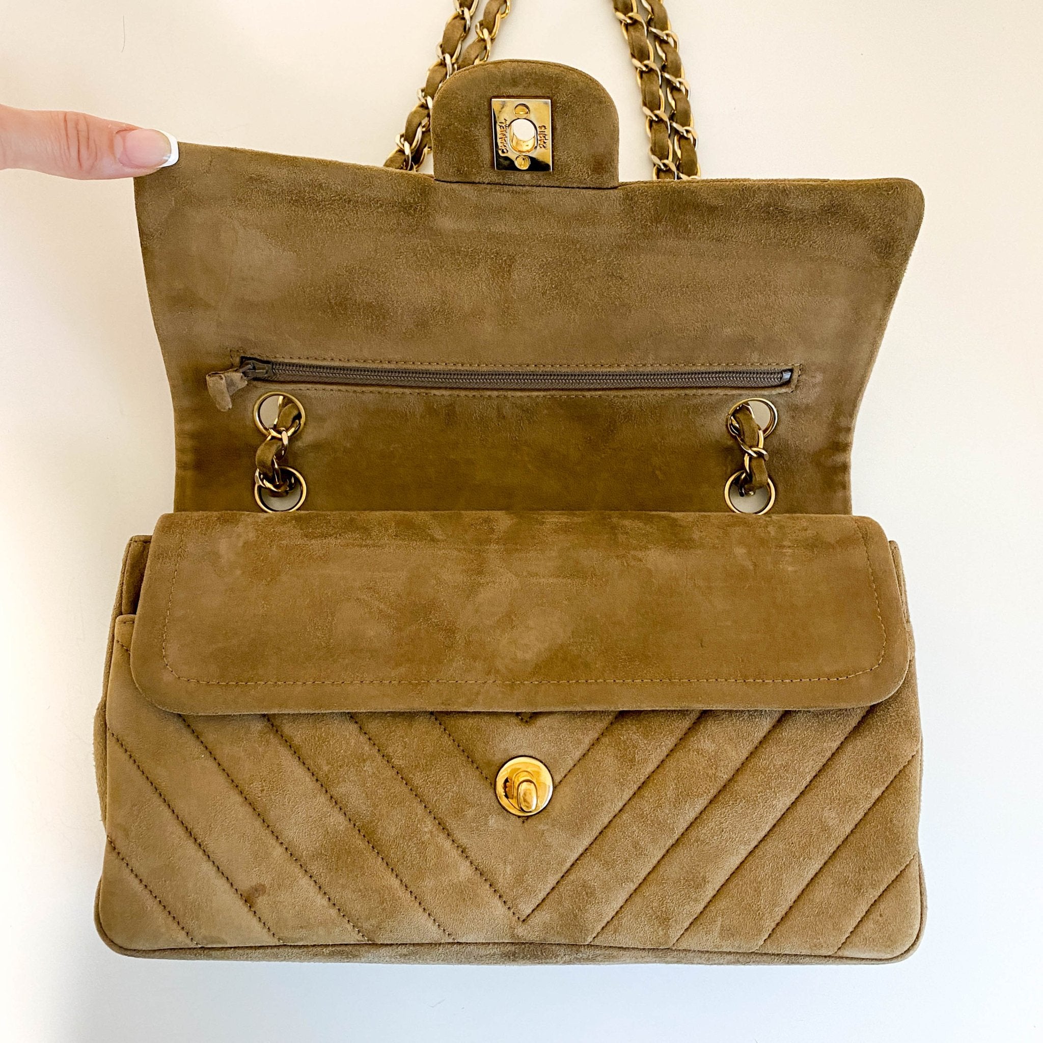 CHANEL Chevron V - stitch Suede W - flap Chain Shoulder Bag, in , Sold by HIVE PRELOVED - Shoulder Bags, ,