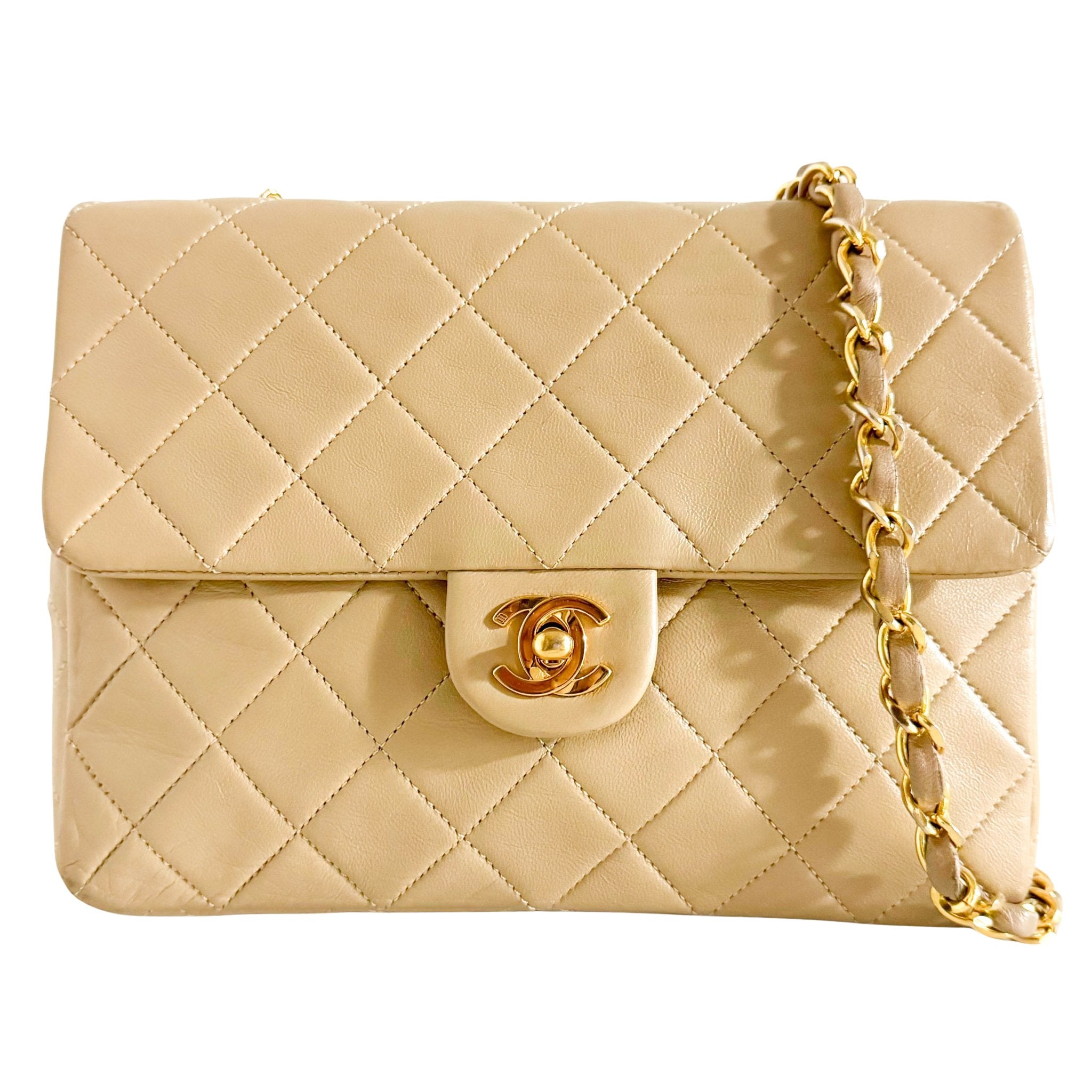CHANEL Classic Flap Beige Lambskin Medium Gold Chain Shoulder Bag, in , Sold by HIVE PRELOVED - Crossbody bags, ,
