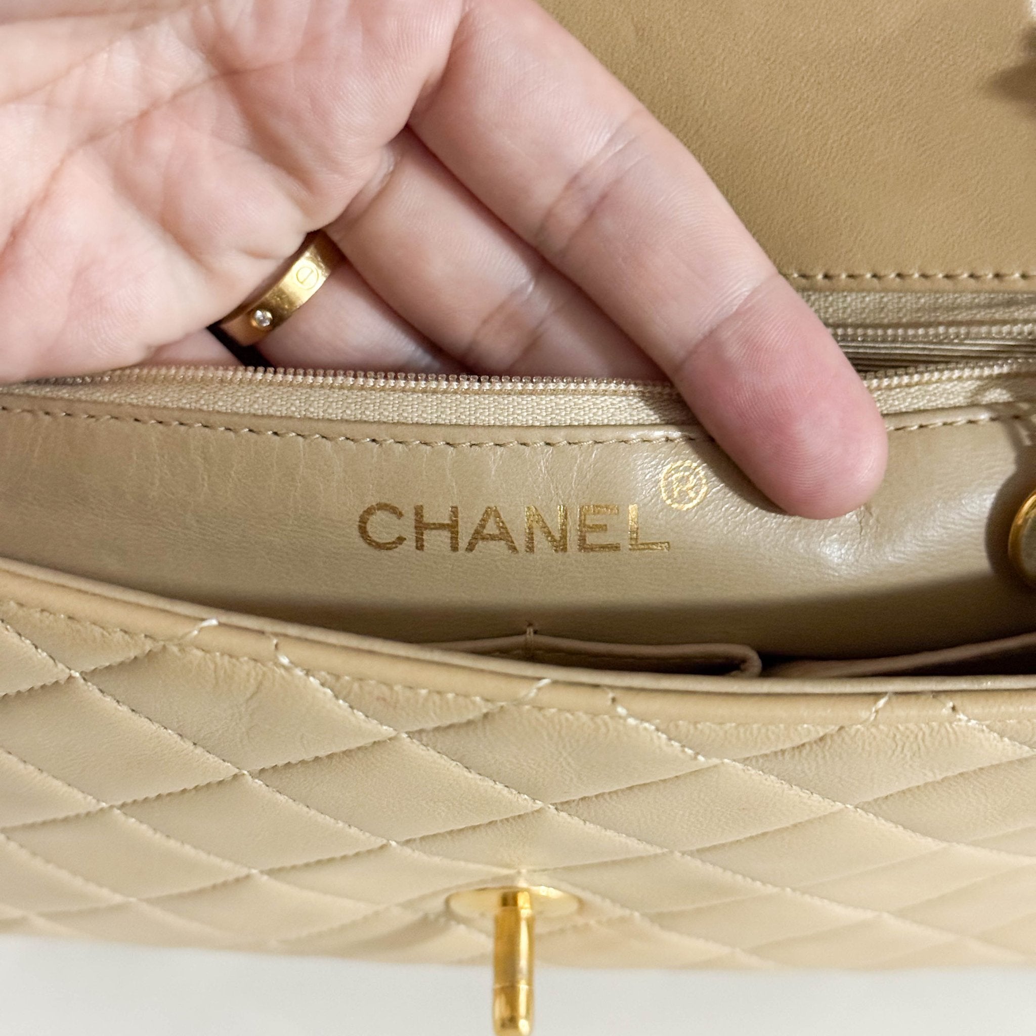 CHANEL Classic Flap Beige Lambskin Medium Gold Chain Shoulder Bag, in , Sold by HIVE PRELOVED - Crossbody bags, ,