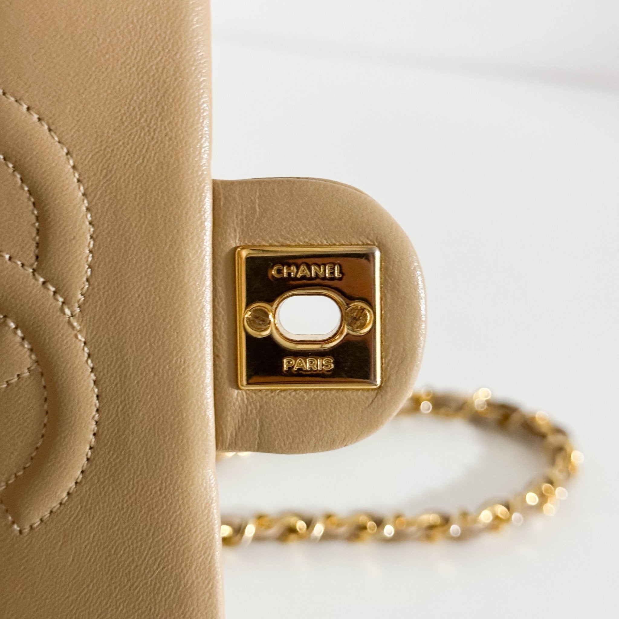 CHANEL Classic Flap Beige Lambskin Medium Gold Chain Shoulder Bag, in , Sold by HIVE PRELOVED - Crossbody bags, ,