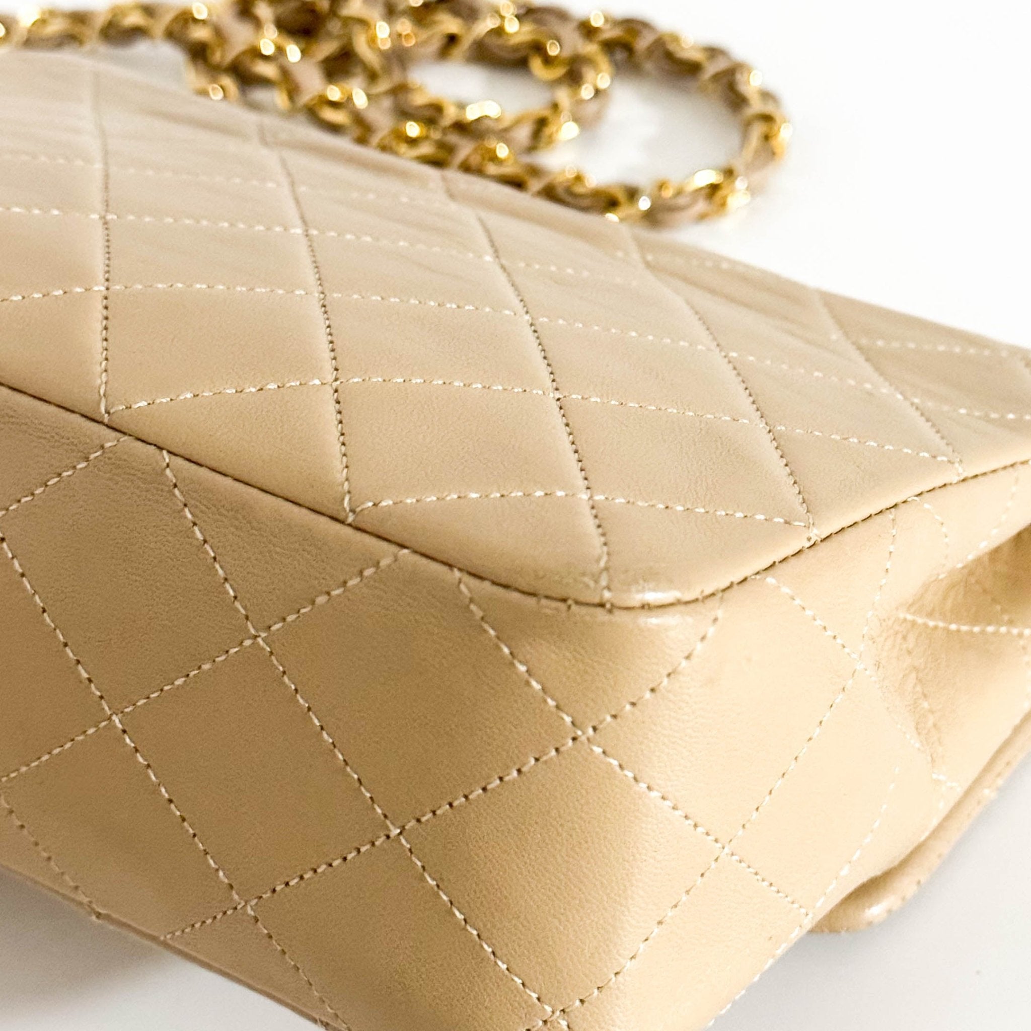 CHANEL Classic Flap Beige Lambskin Medium Gold Chain Shoulder Bag, in , Sold by HIVE PRELOVED - Crossbody bags, ,
