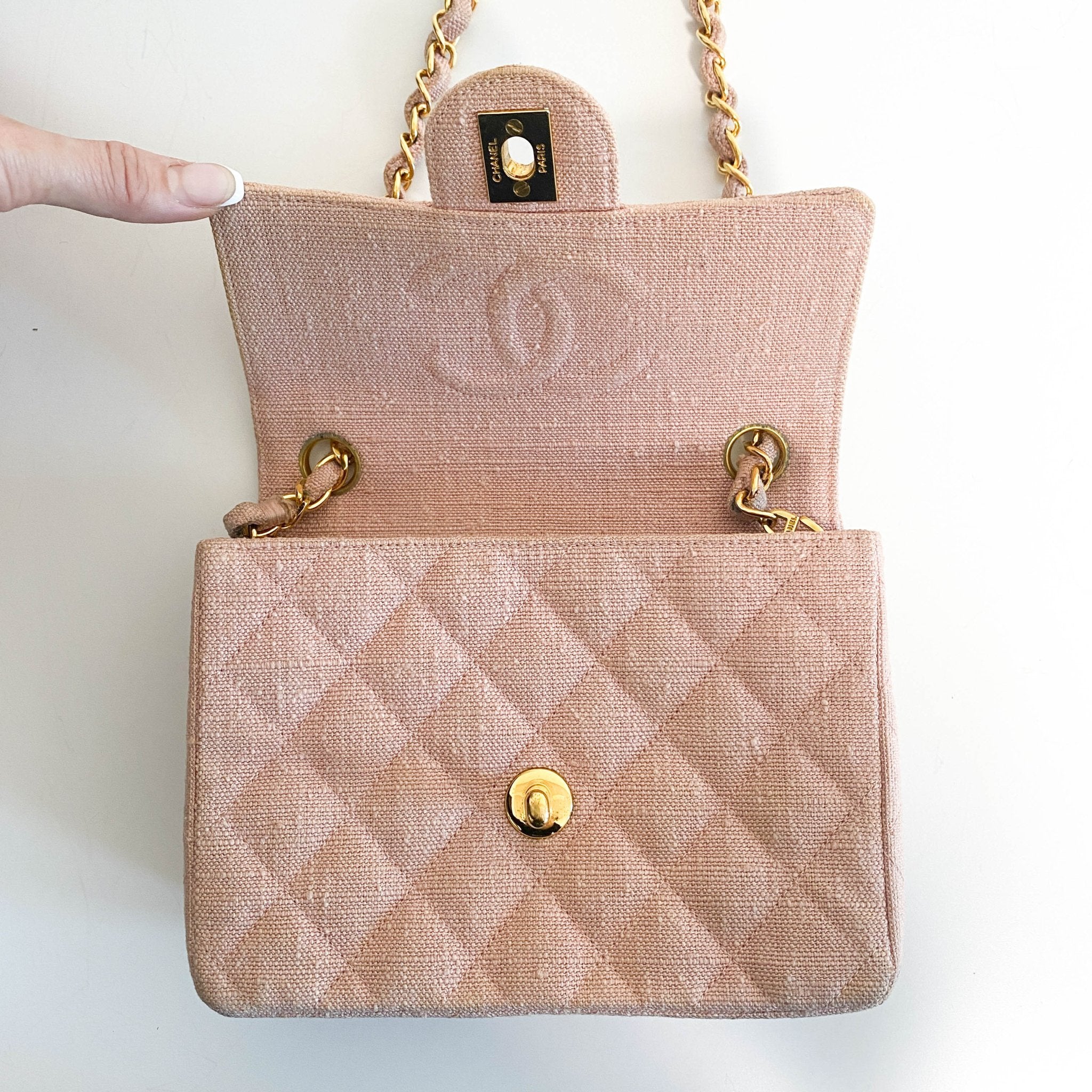 CHANEL Cotton Timeless Classic Quilted Single Flap Chain Crossbody Bag Neutral Pink, in , Sold by HIVE PRELOVED - Crossbody bags, Mini bags,