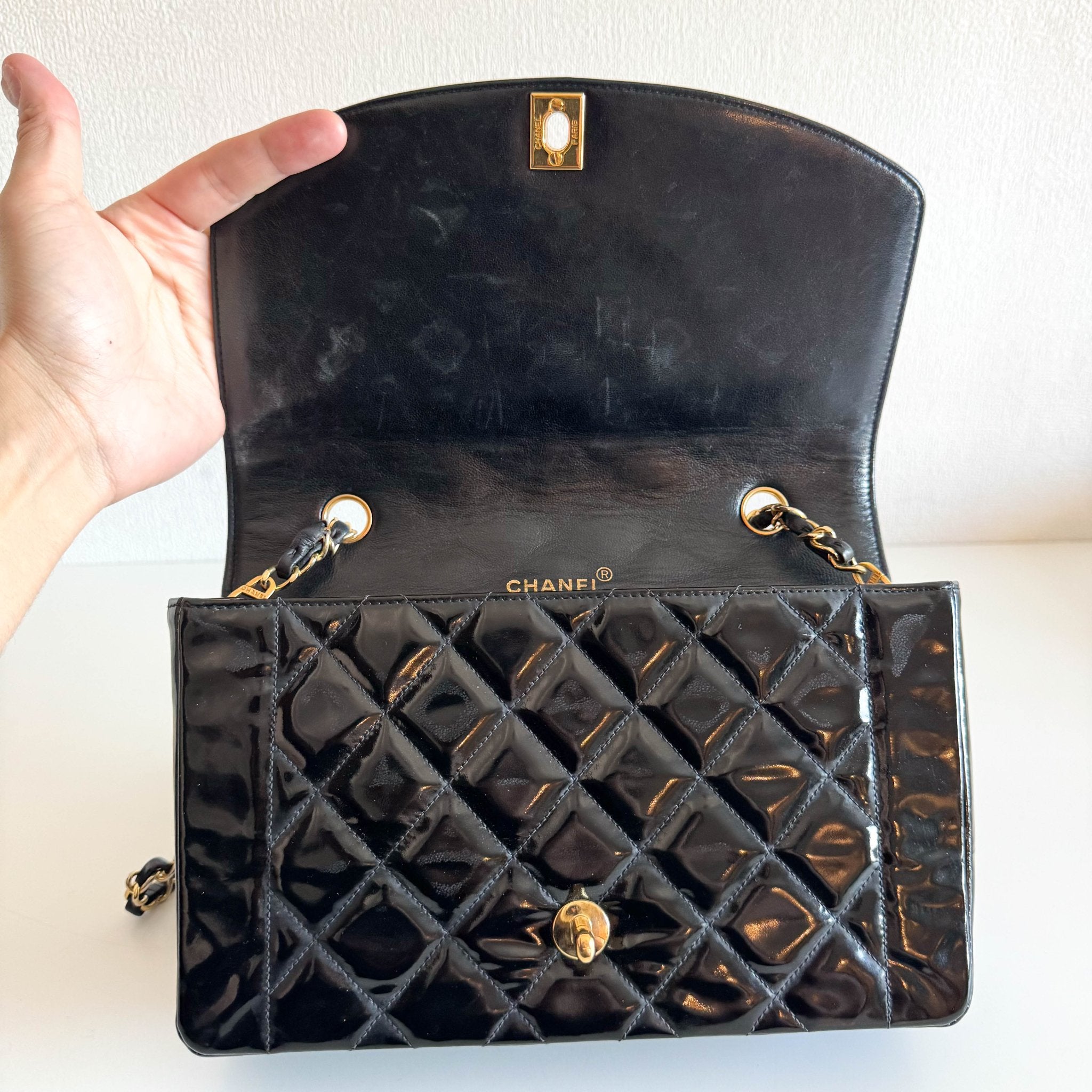 CHANEL Diana Flap Black Patent Leather Chain Shoulder Bag, in , Sold by HIVE PRELOVED - Crossbody bags, ,